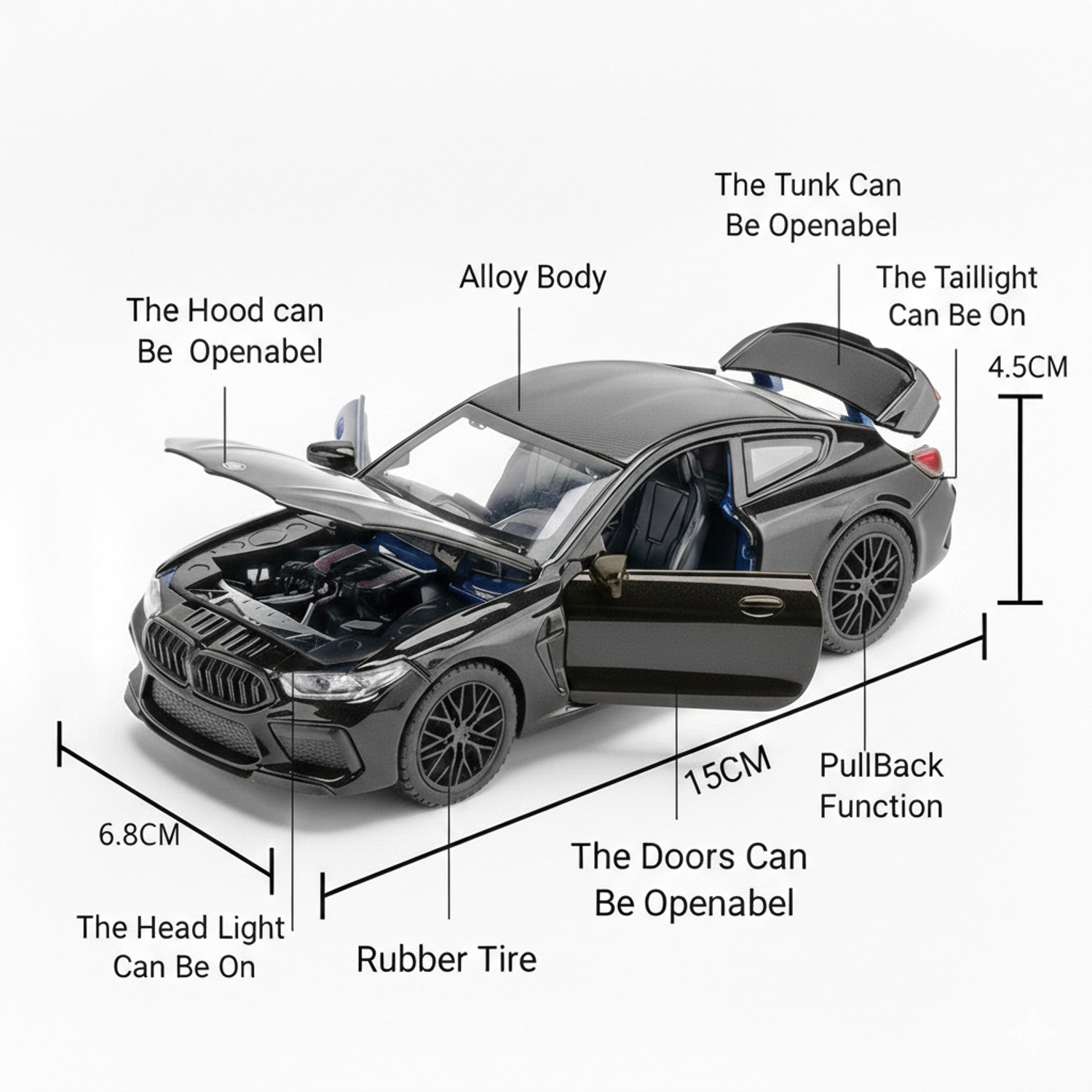 Image of Ragiluxe Kids Toy Car 1:32 BMW M8 Alloy Die-Cast Car Sound, Light, Pull Back Action