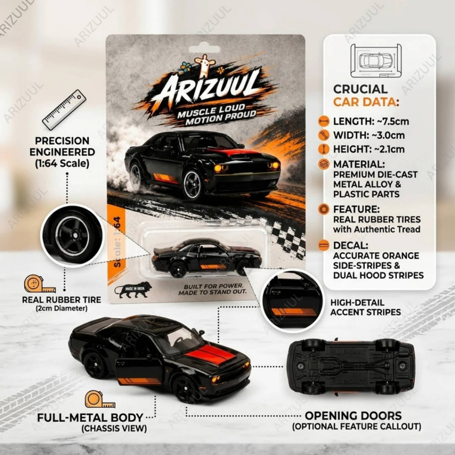 Arizuul 1:64 Dodge Challenger SRT Hellcat Diecast Car - Image 2