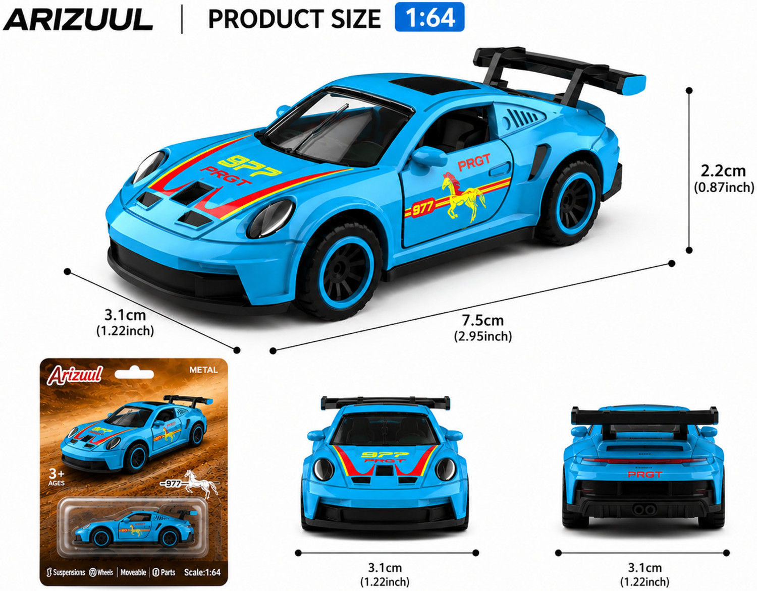 Image of Arizuul Porsche 977 PRGT Sports Racing Car Toy, 1:64 Scale Wheels for Kids