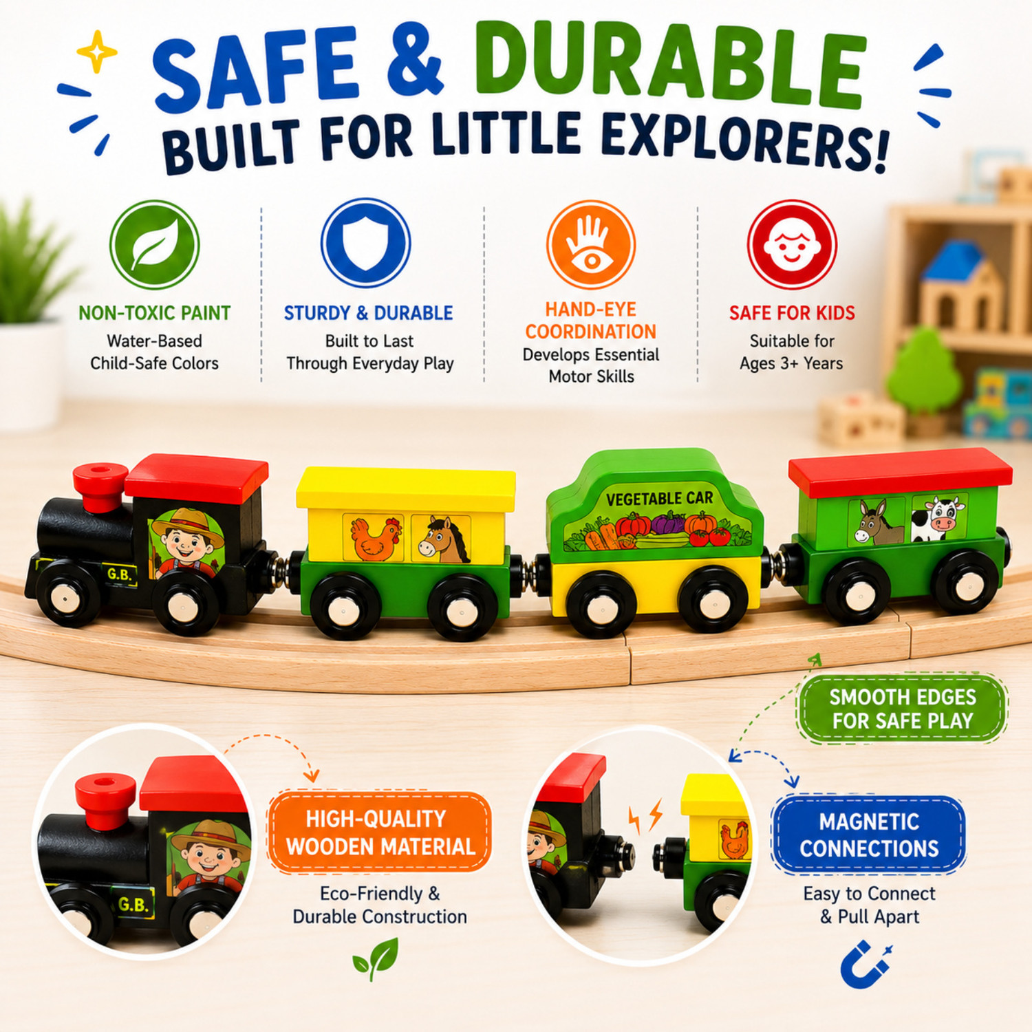 Image of MARA BOMMAI Wooden Magnetic Train Set for Kids, Wooden Toy Train with Coaches (1 Random Set)