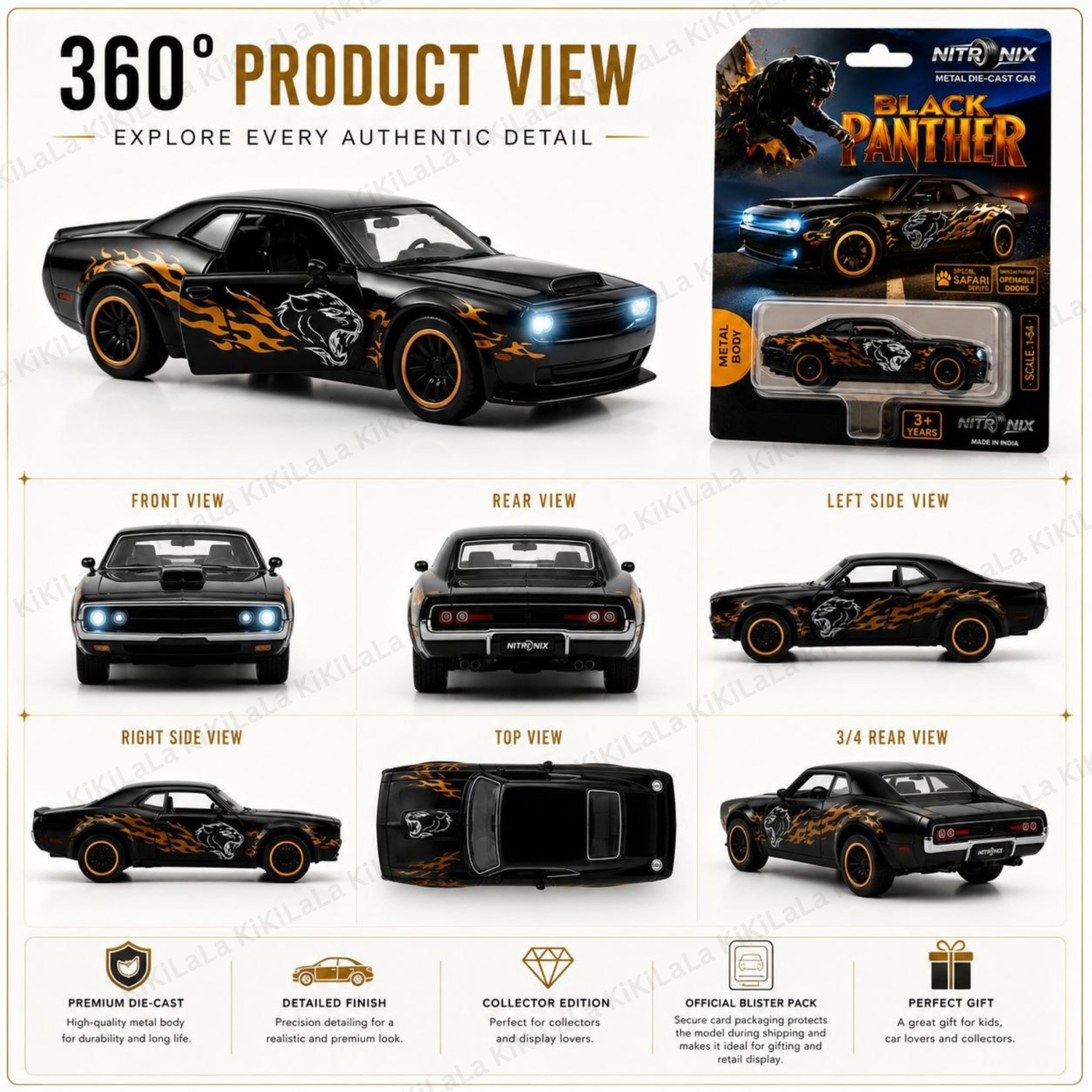 Image of kikilala 1:64 Black Panther Dodge Challenger Car Premium Die Cast Metal Collectible Toy
