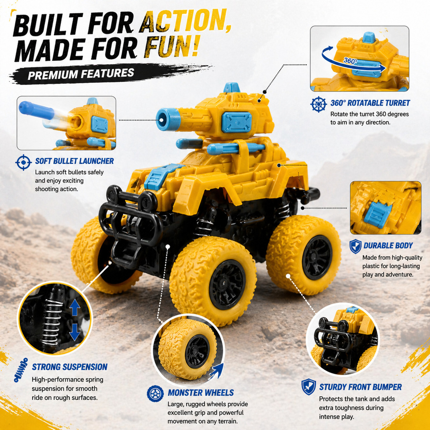 Image of COLOR FLAME Tank Launcher Monster Truck Car for Gift | Bullet Shooting-Push & Go, 360 Stunt