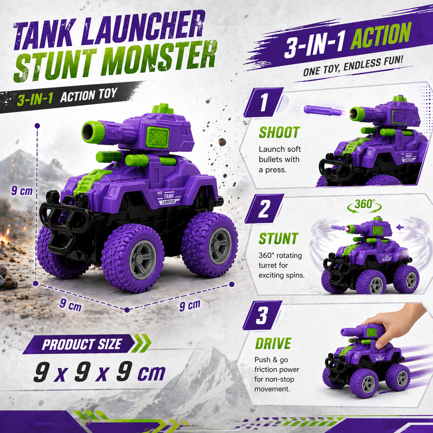 Image of Have Fun Tank Launcher Monster Truck Toy| Bullet Shooting| 360Stunt-Push & Go| Kids Toys