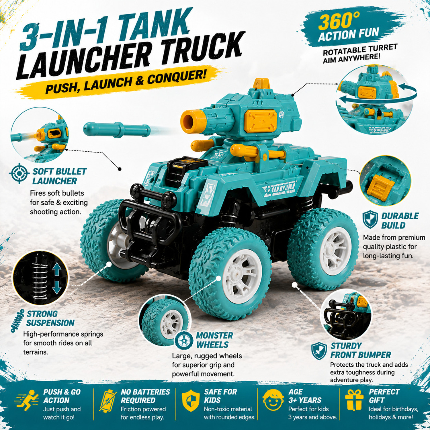 Image of Have Fun Tank Launcher Monster Truck Toy| Bullet Shooting| 360Stunt-Push & Go| Kids Toys