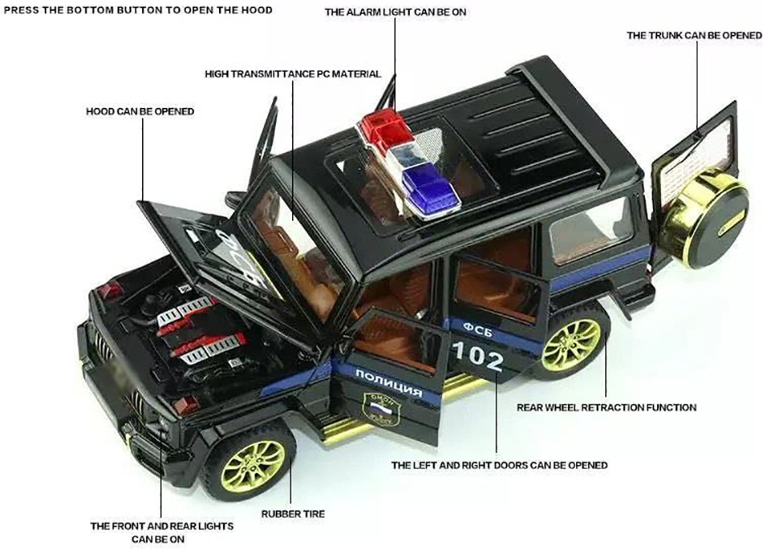 Image of UKAXA 132 Diecast Model Car Police Toy Car for Kids G Wagon Metal Light Sound Pullback