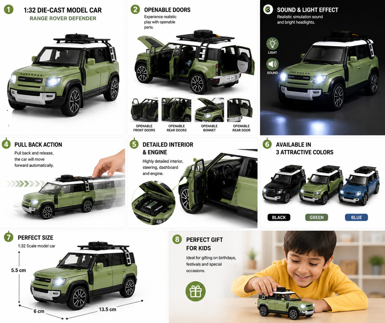 Image of Thriveonix Land Rover Defender 1:32 Metal Car With Openable Door,Light & Sound Car For Kid