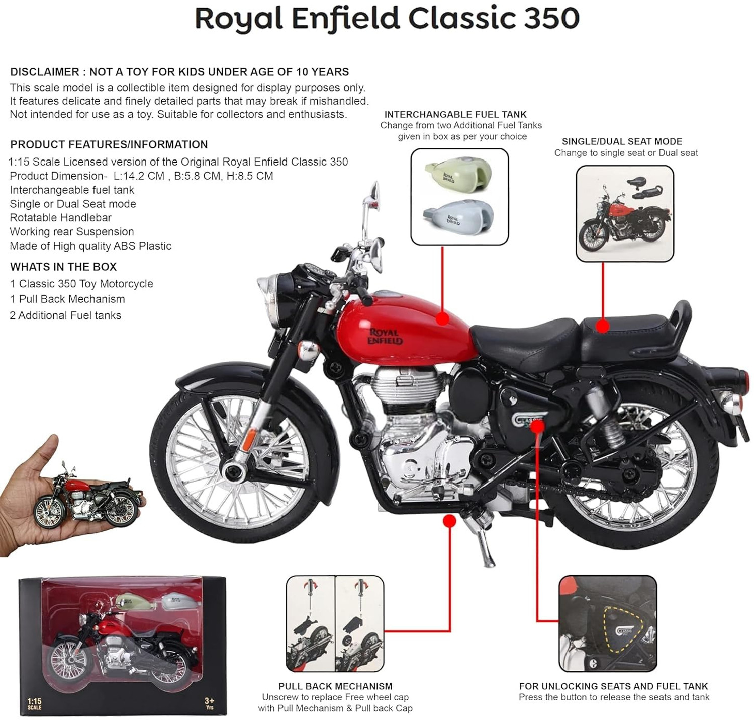 Image of Zuuluzrs 1 /15 Scale Model Bullet Bike Toy Classic 350 Royal Enfield