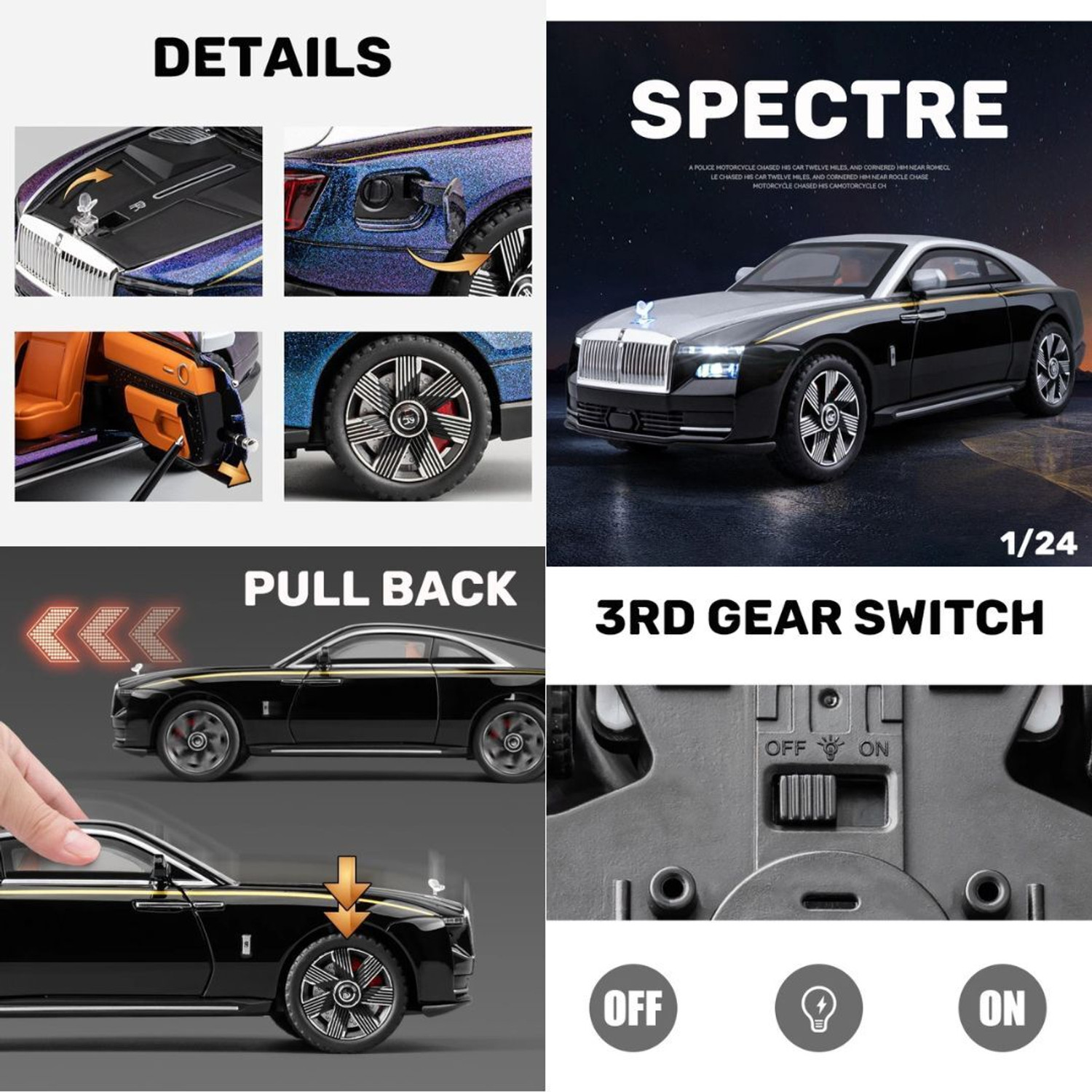 Image of Zuuluzrs New Rolls Royce Spectre Toy Car 1:24 Diecast Scale Model Metal Pull Back Toy car