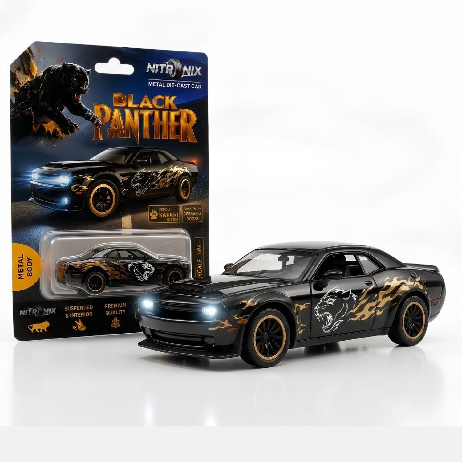 Image of kikilala Collectible Racing Model 1:64 Black Panther Dodge Challenger Car Die Cast Toy