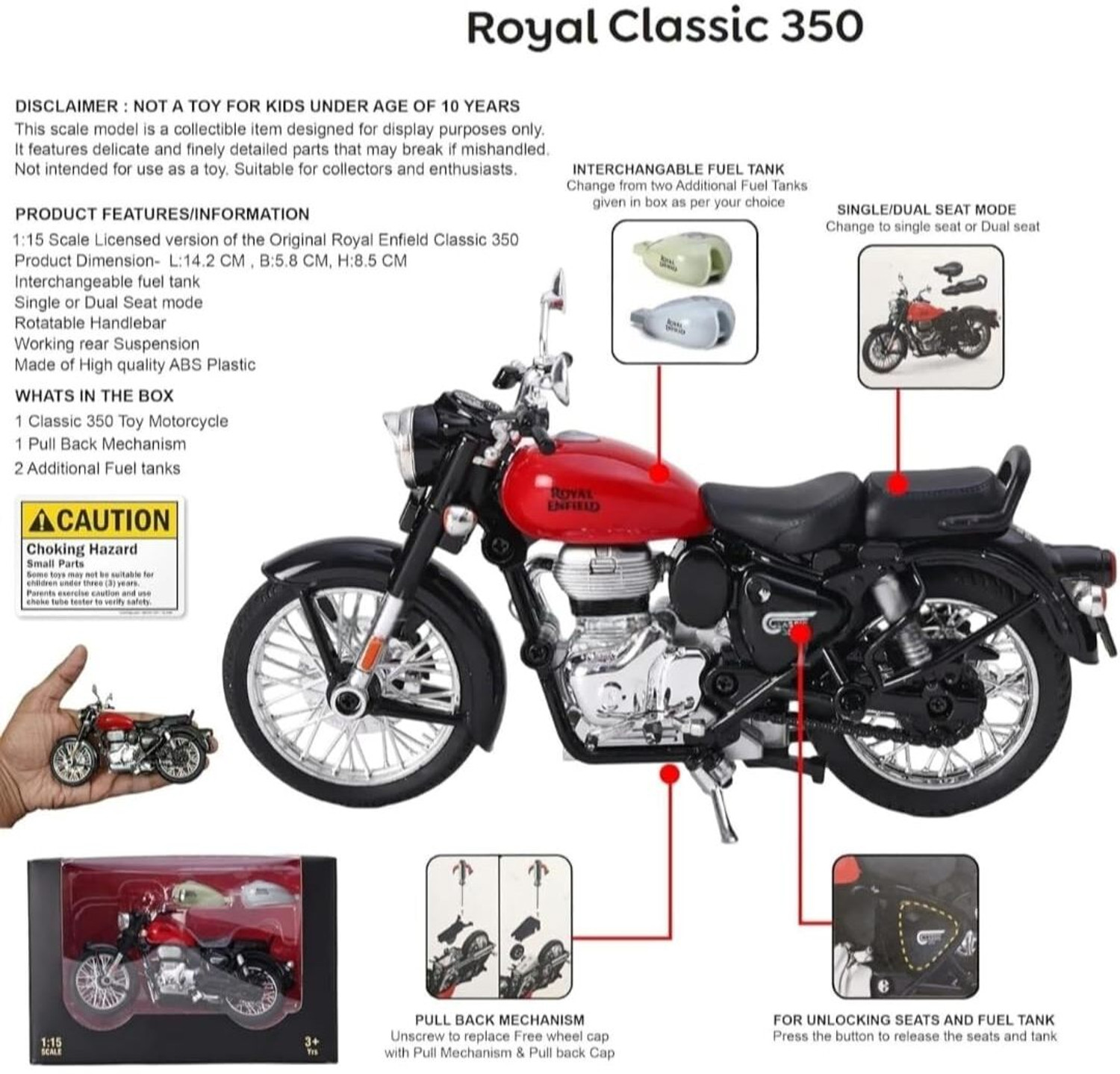 Image of BEE BLISS 1 /15 Scale Model Bullet Bike Toy Classic 350 Royal Enfield Bullet Bike Toy