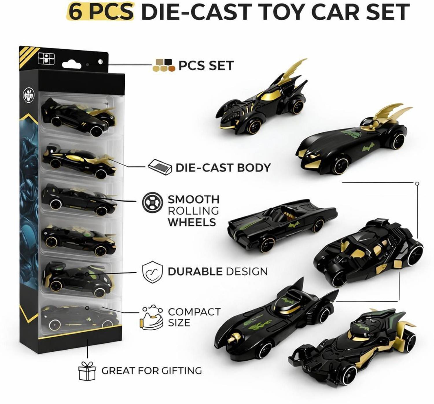 TOYRENTTO 6-Piece Black Superhero Die-Cast Cars Set - Image 4