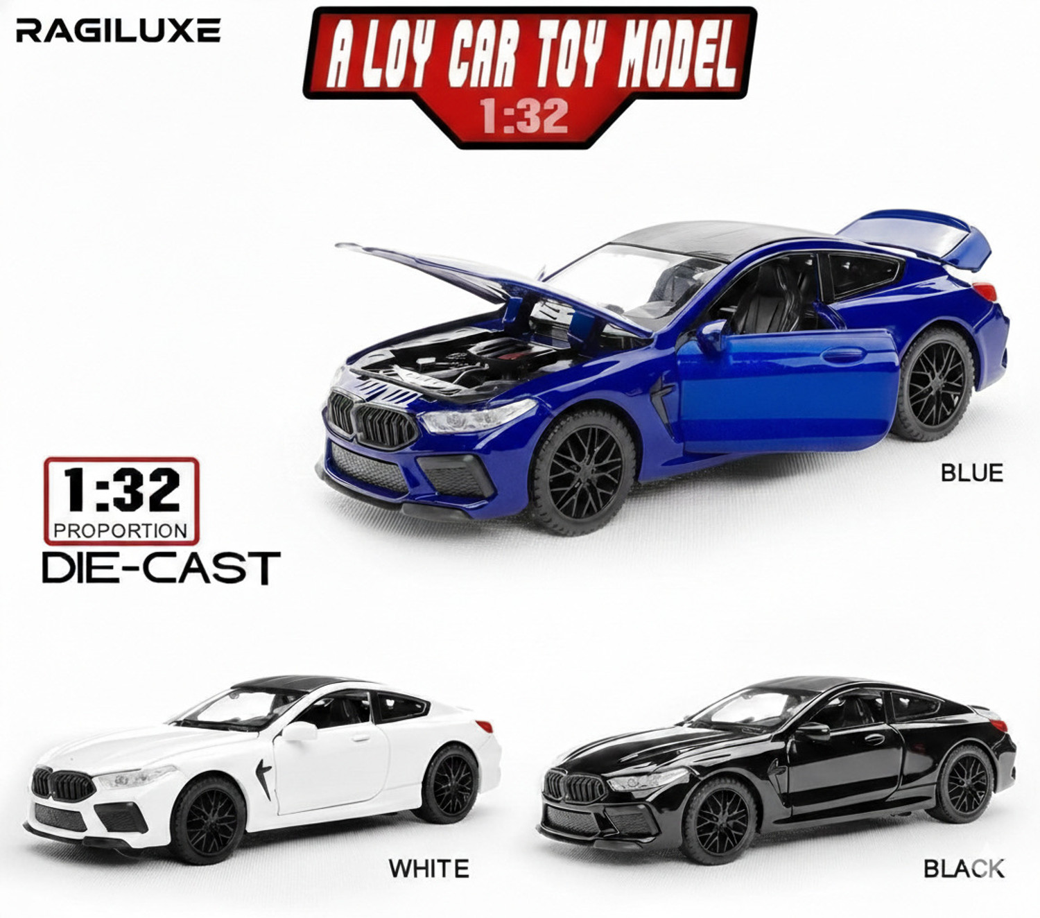 Image of Ragiluxe Kids Toy Car 1:32 BMW M8 Alloy Die-Cast Car Sound, Light, Pull Back Action