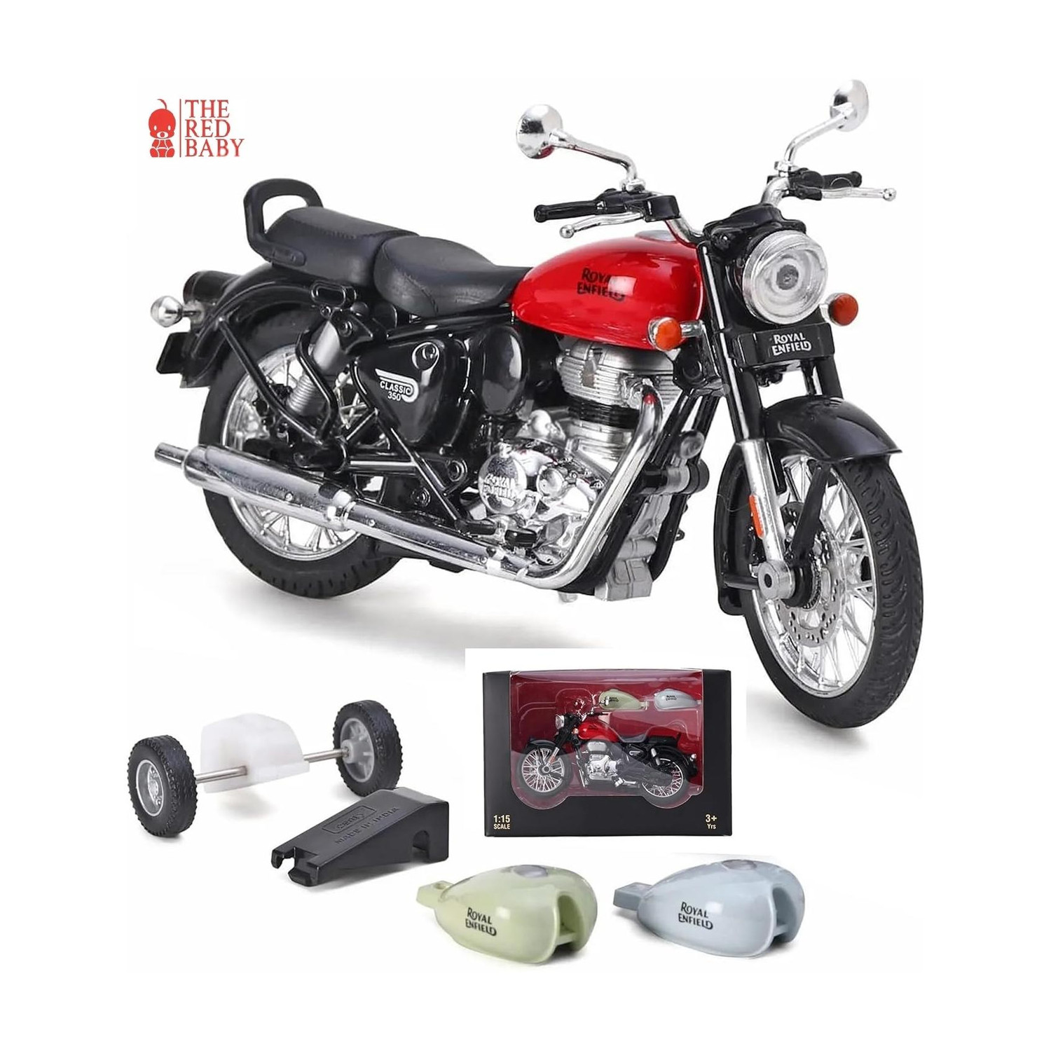 THE RED BABY Royal Enfield Classic Bike, 2 Fuel Tank, Dual Single Seat Mode, Pull Back Action
