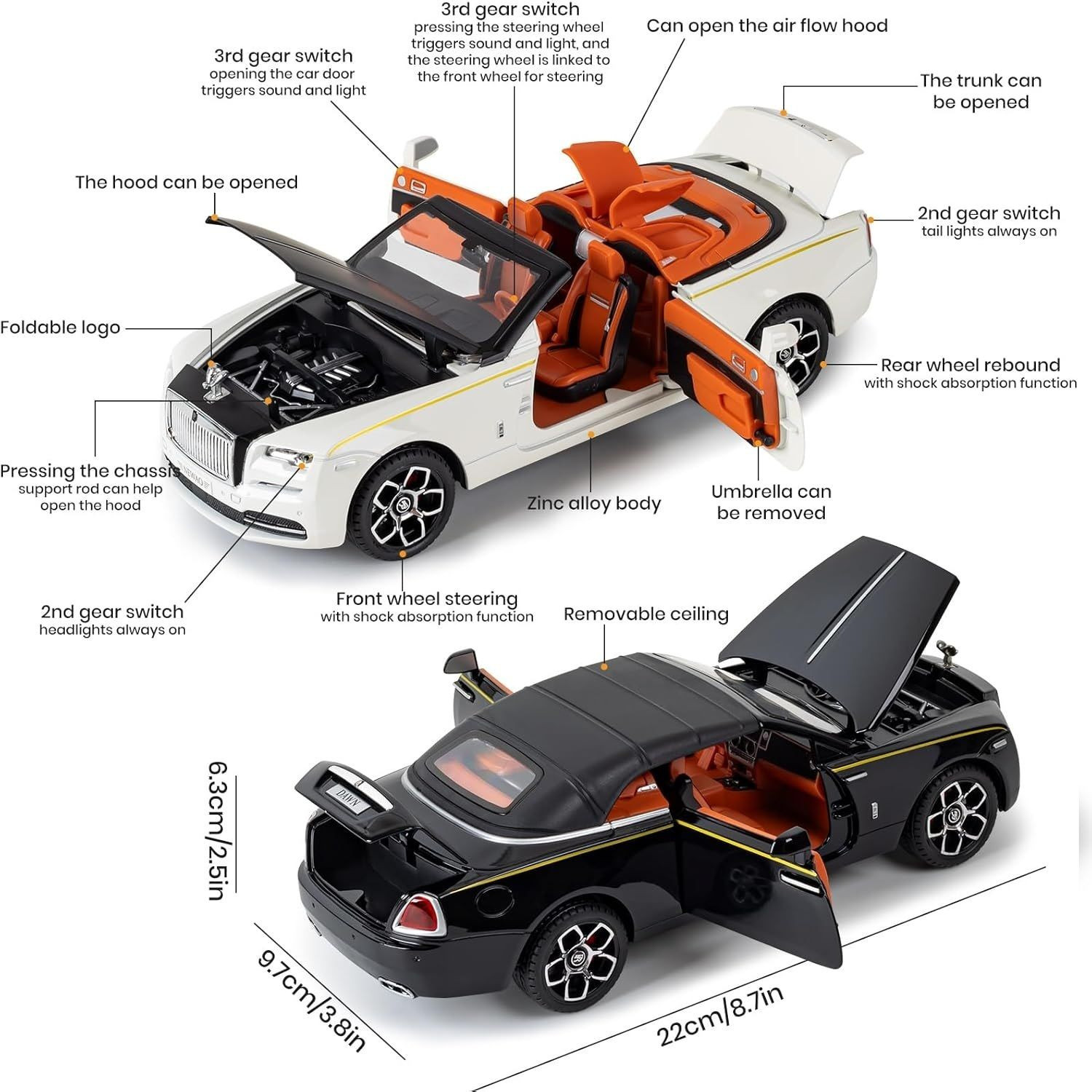 Image of Arizuul 1:24 Rolls Royce Dawn Toy Car Alloy Convertible Sports Car Rolls Royce Toy Car