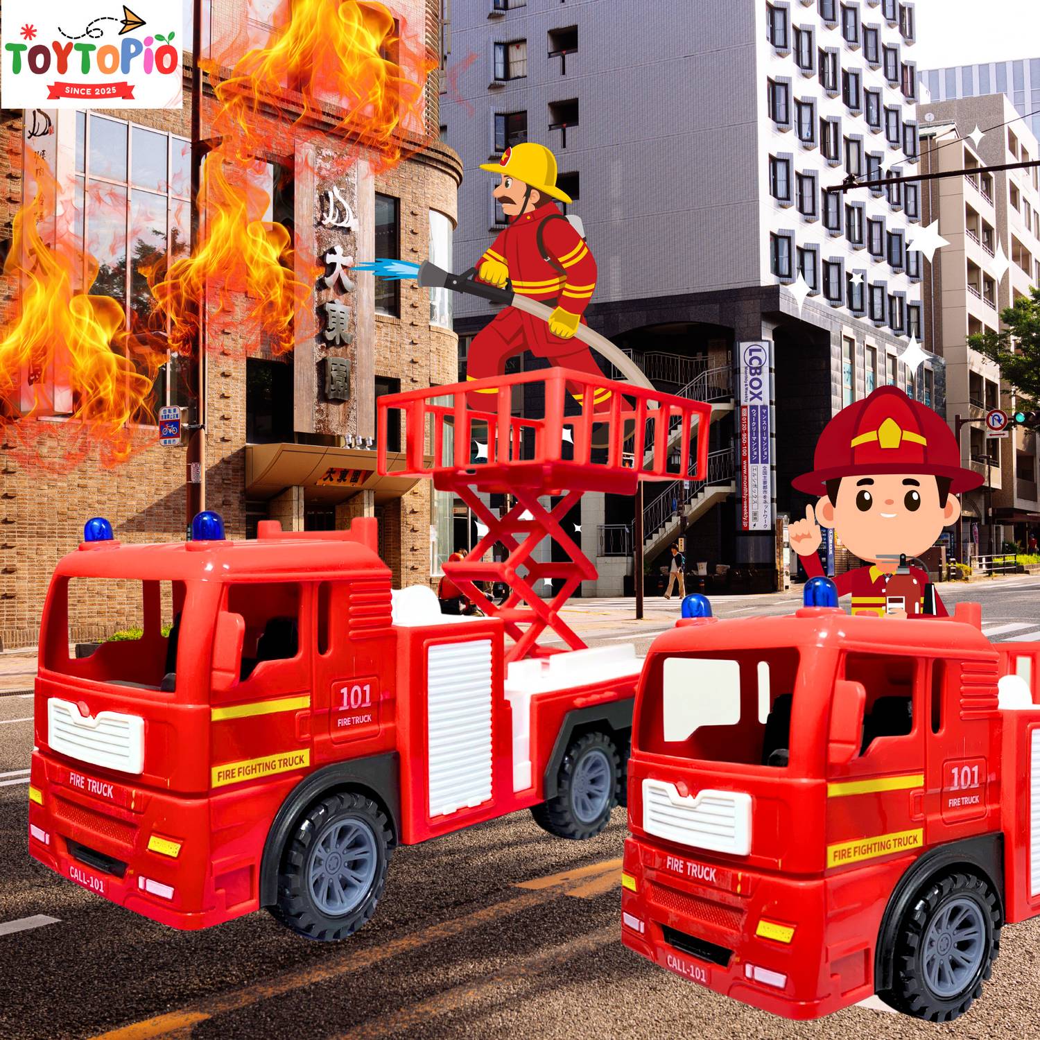 TOYTOPIO Fire Truck Toy for Kids | Friction Vehicle with Rotating