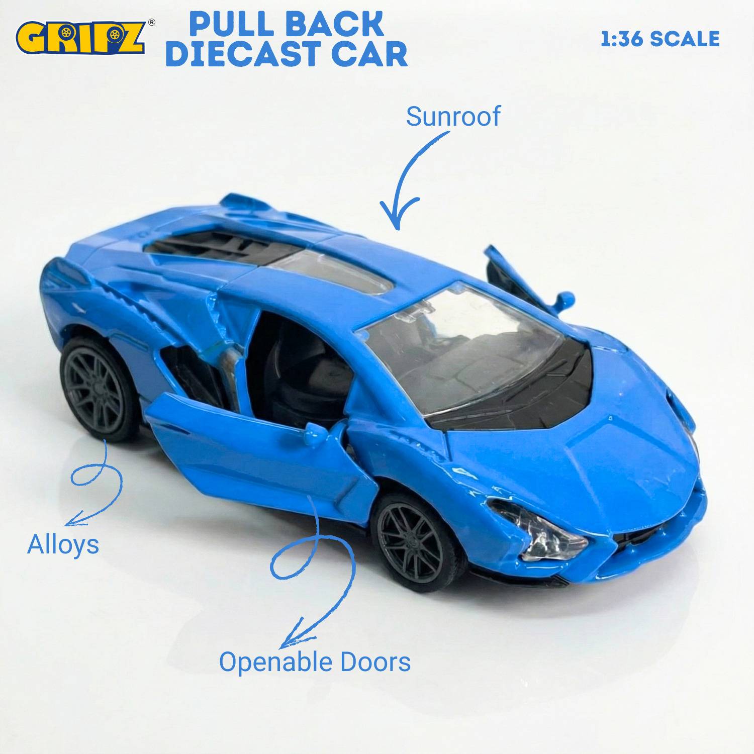 Gripz 1:36 Pull Back Diecast Sports Car Orange with Openable Doors