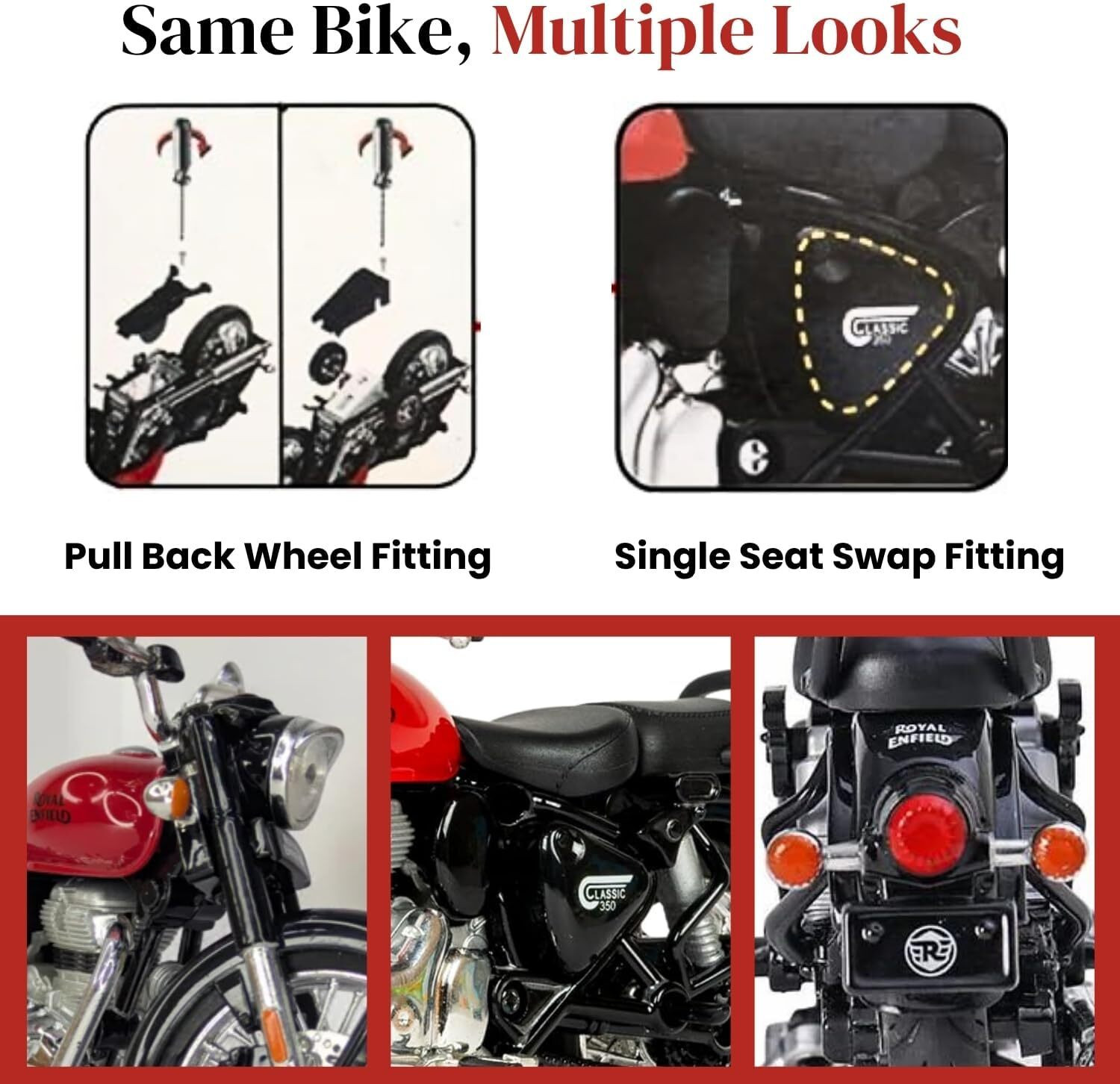 Image of TOYTOT Royal Enfield Classic 350 Die Cast Bike Model Toy with Moving Wheels & Stand