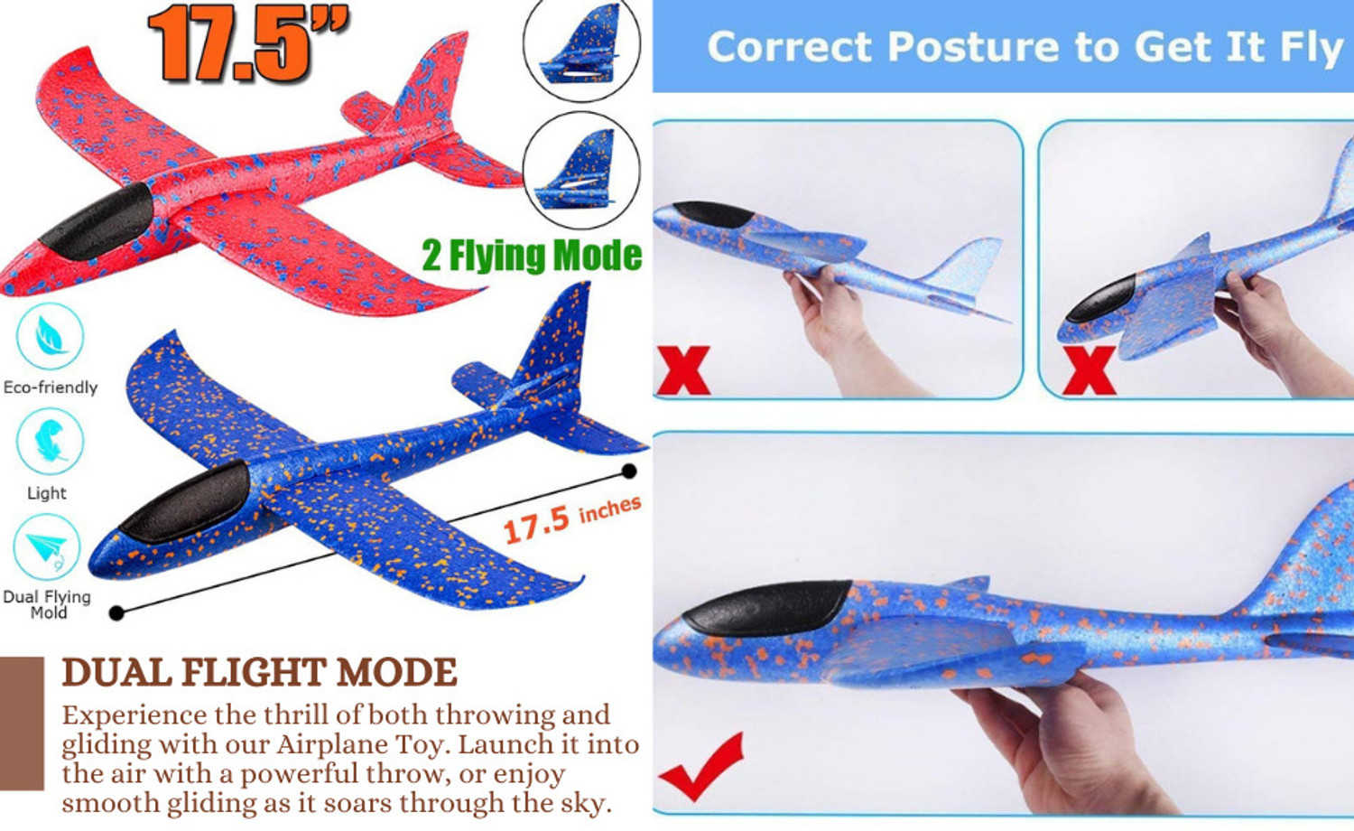 Image of IndusBay 3 Pieces Foam Glider Plane Toy 17.5 inch Throwing Airplane with Dual Flight Mode (Multicolor, Pack of: 3)