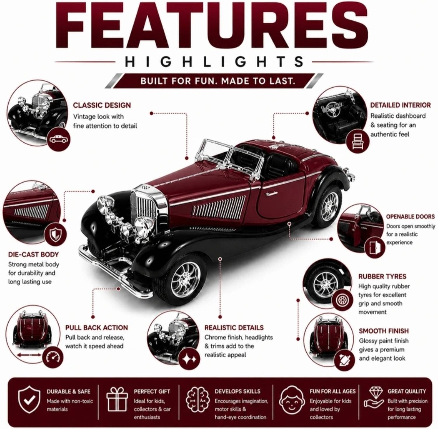 Atharv 1:36 Scale Vintage Classic Convertible Die Cast Toy - Image 5