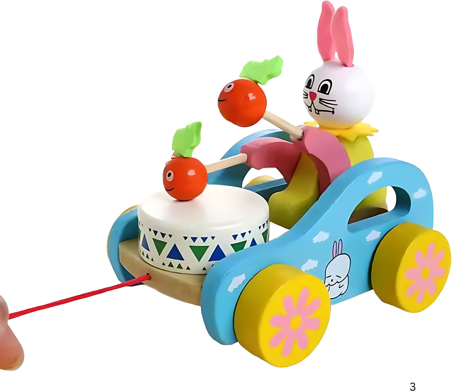 Image of MARA BOMMAI Wooden Bunny Pull Along Toy Montessori Musical Rabbit Car with Drumming Carrots