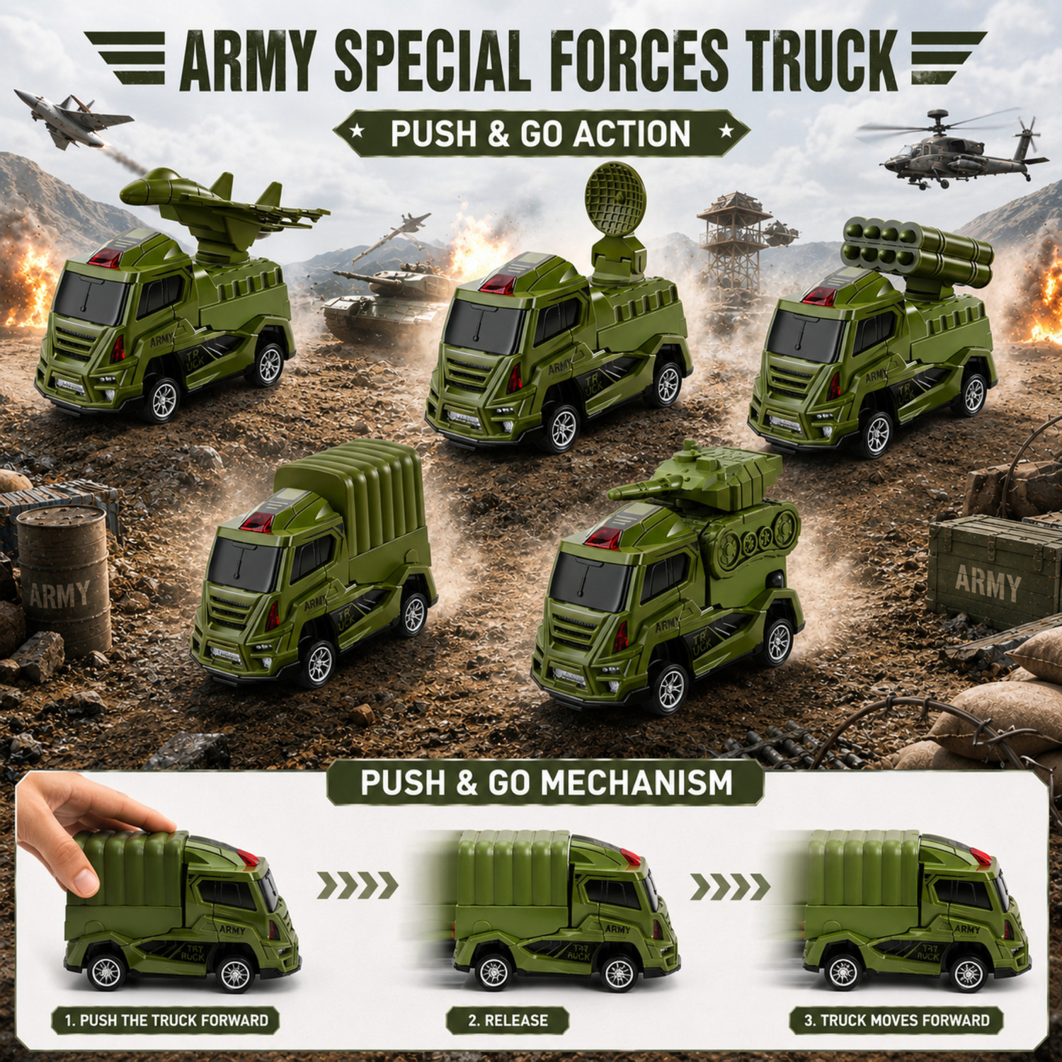 Image of RAD CARTEL Army Fighter Truck Toy Set 5 Pcs Military Vehicle Toys for Kids