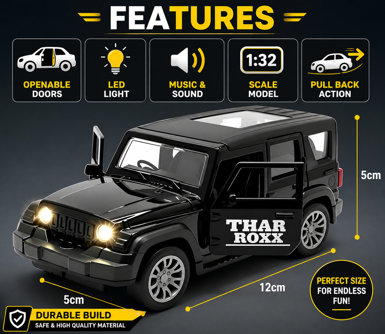Image of Thriveonix Thar Roxx Metal Car Toy 1:32 Scale with Openable Doors, Pull Back Action