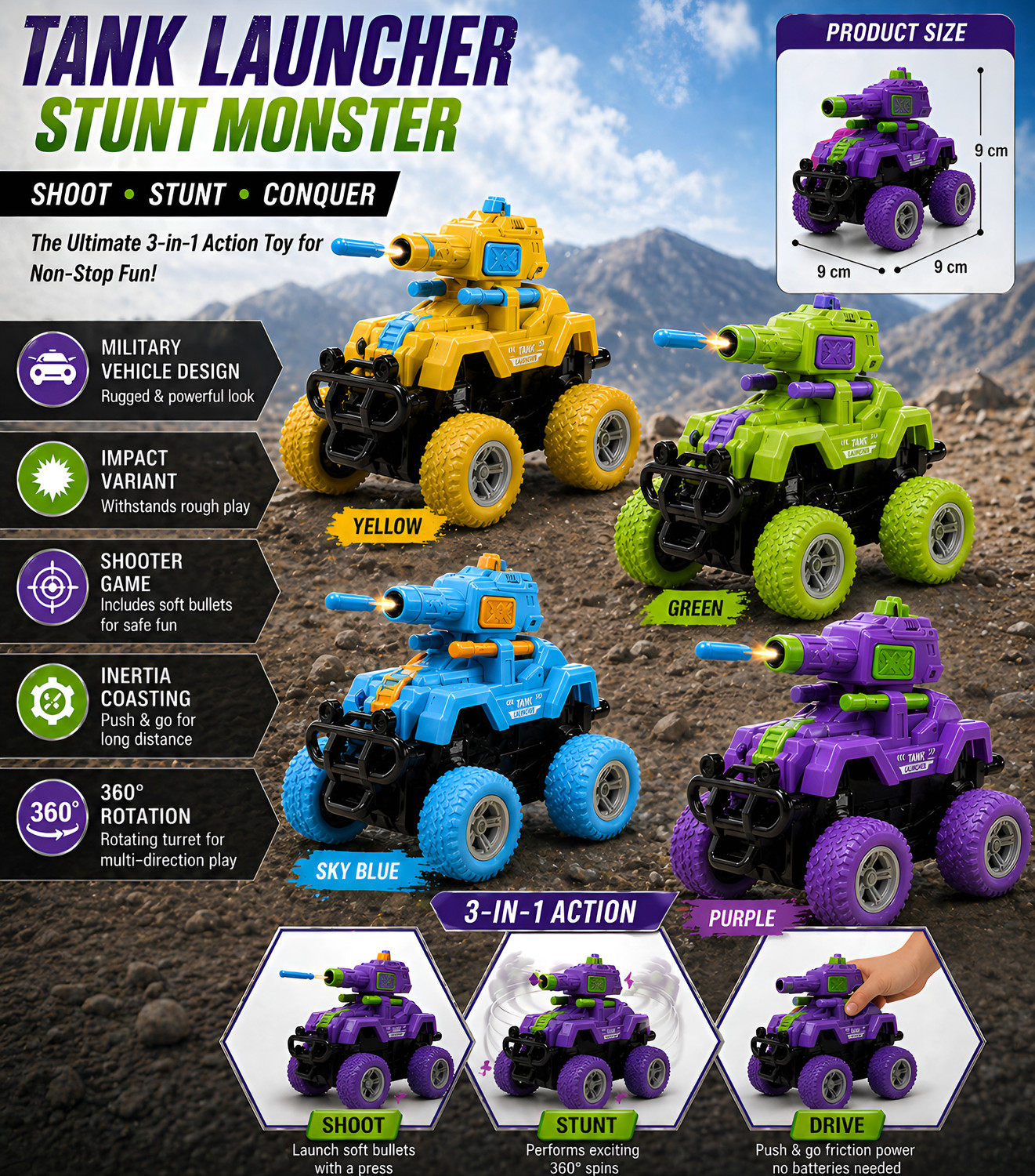 Image of Have Fun Tank Launcher Monster Truck Toy| Bullet Shooting| 360Stunt-Push & Go| Kids Toys