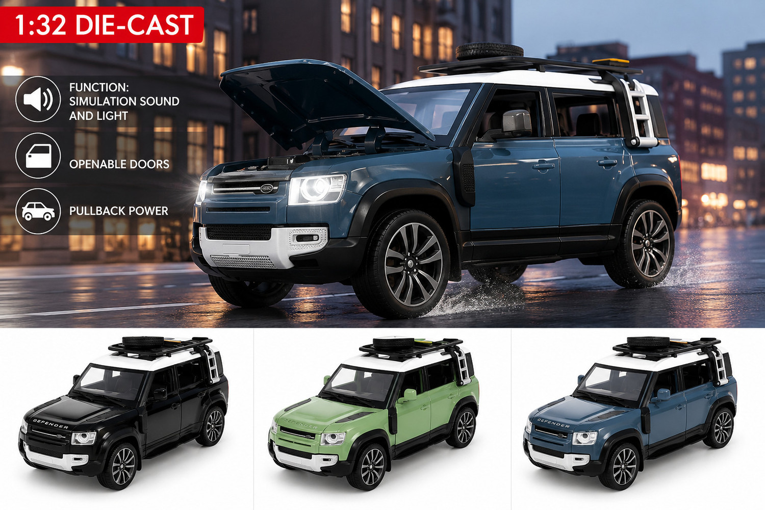 Image of Thriveonix Land Rover Defender 1:32 Metal Car With Openable Door,Light & Sound Car For Kid