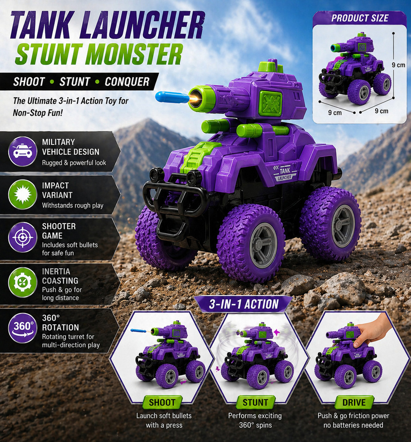 Image of COLOR FLAME Tank Launcher Monster Truck Car for Gift | Bullet Shooting-Push & Go, 360 Stunt
