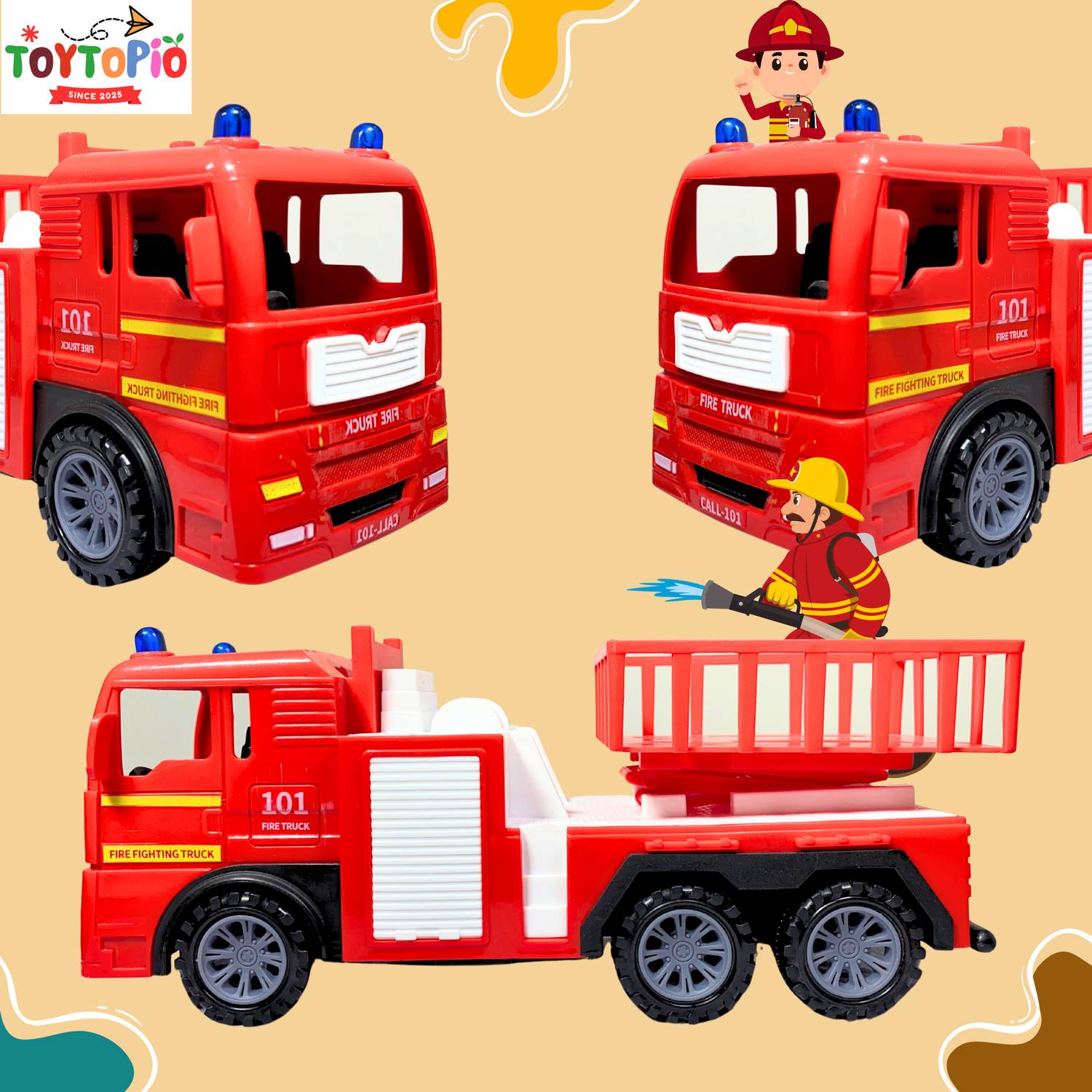 TOYTOPIO Fire Truck Toy for Kids | Friction Vehicle with Rotating