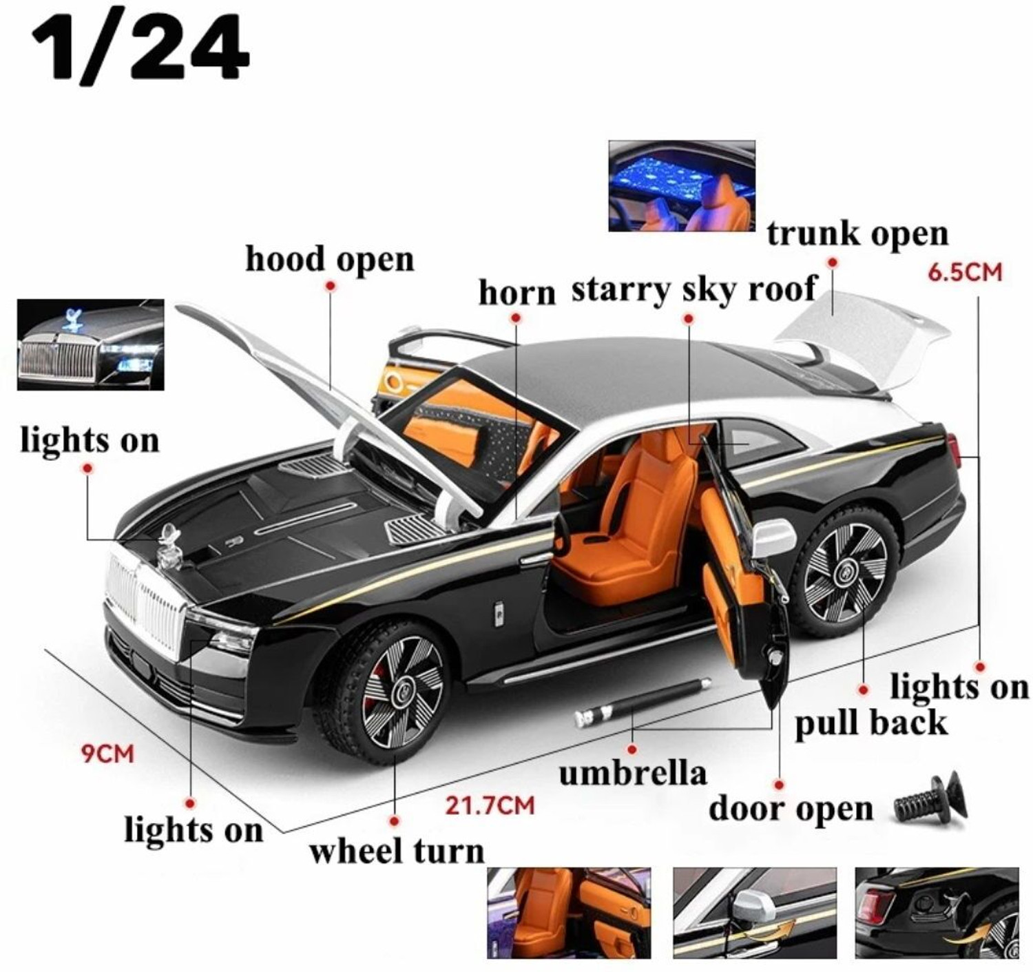 Image of Zuuluzrs New Rolls Royce Spectre Toy Car 1:24 Diecast Scale Model Metal Pull Back Toy car