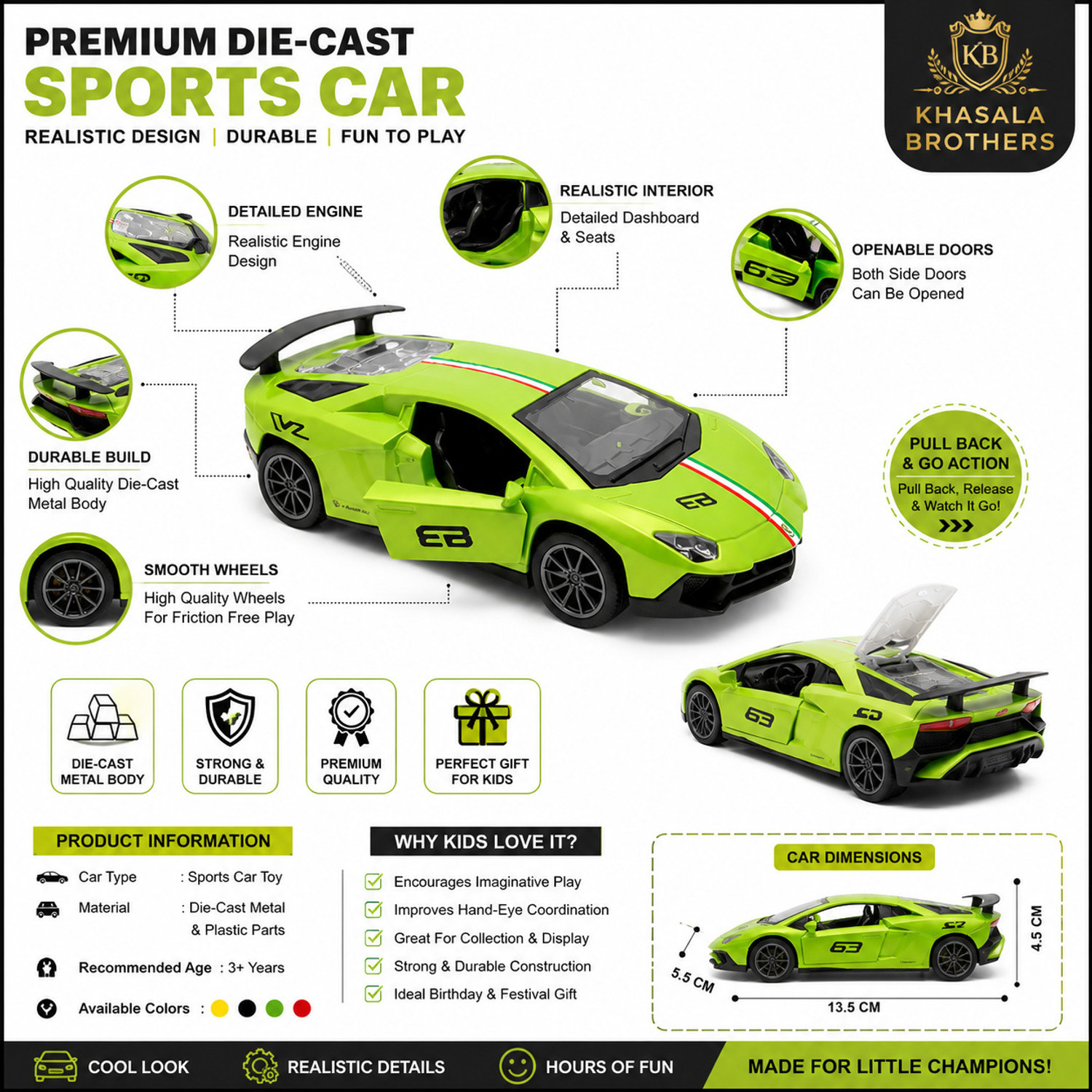 Image of KHASALA BROTHERS lamborghinii Metal Body Openable Doors Bonnet Boot Pull Back Action Kids Diecast (Multicolor, Pack of: 1)
