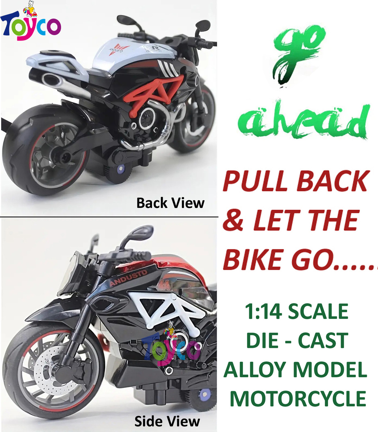 Image of Toyco 1:14 Scale Pull Back Diecast Alloy Classic Motorcycle Toy Bike Simulation Model
