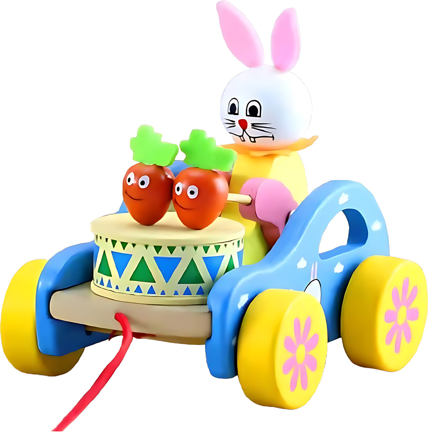 Image of MARA BOMMAI Wooden Bunny Pull Along Toy Montessori Musical Rabbit Car with Drumming Carrots