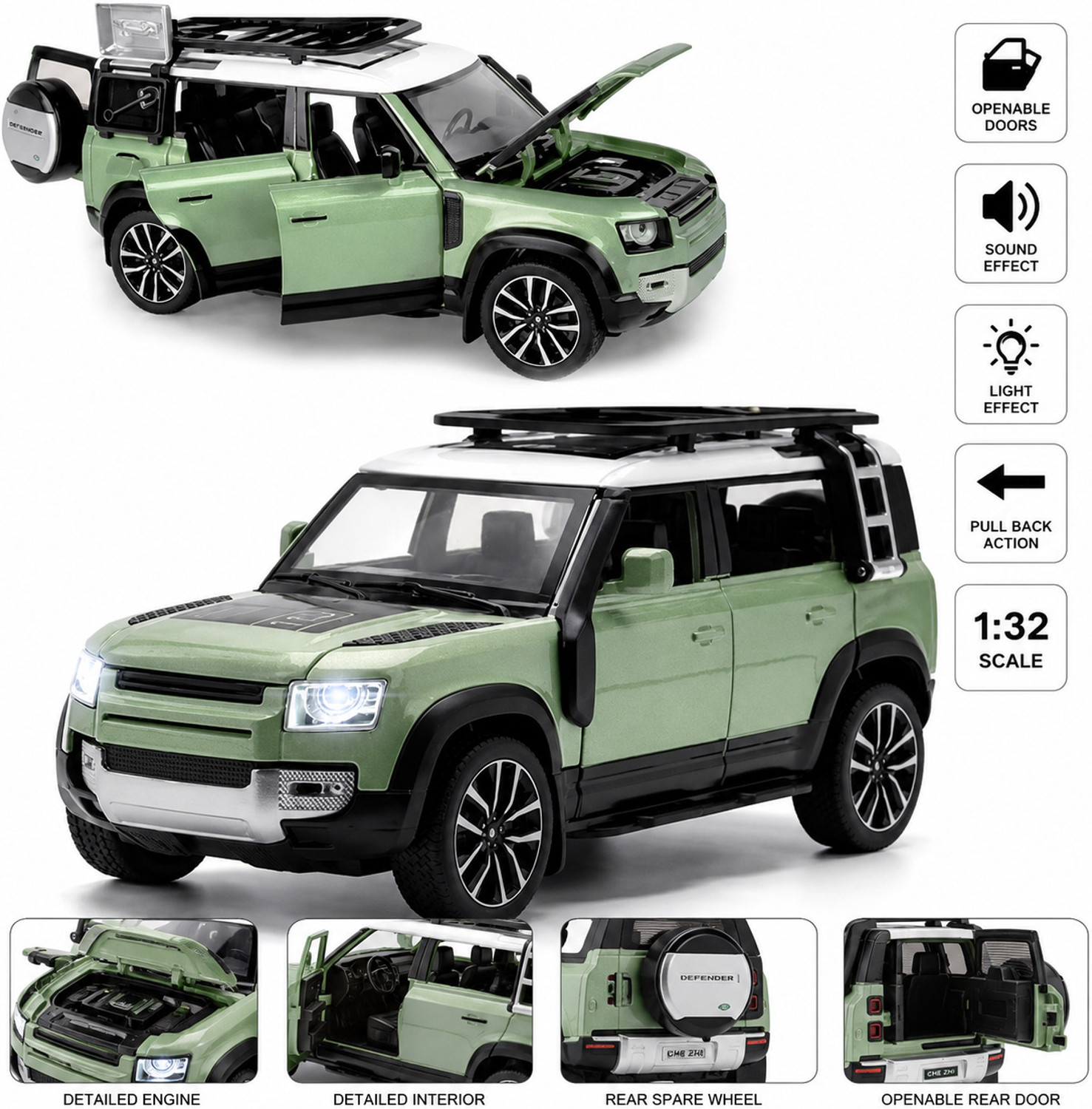 Image of Thriveonix Land Rover Defender 1:32 Metal Car With Openable Door,Light & Sound Car For Kid