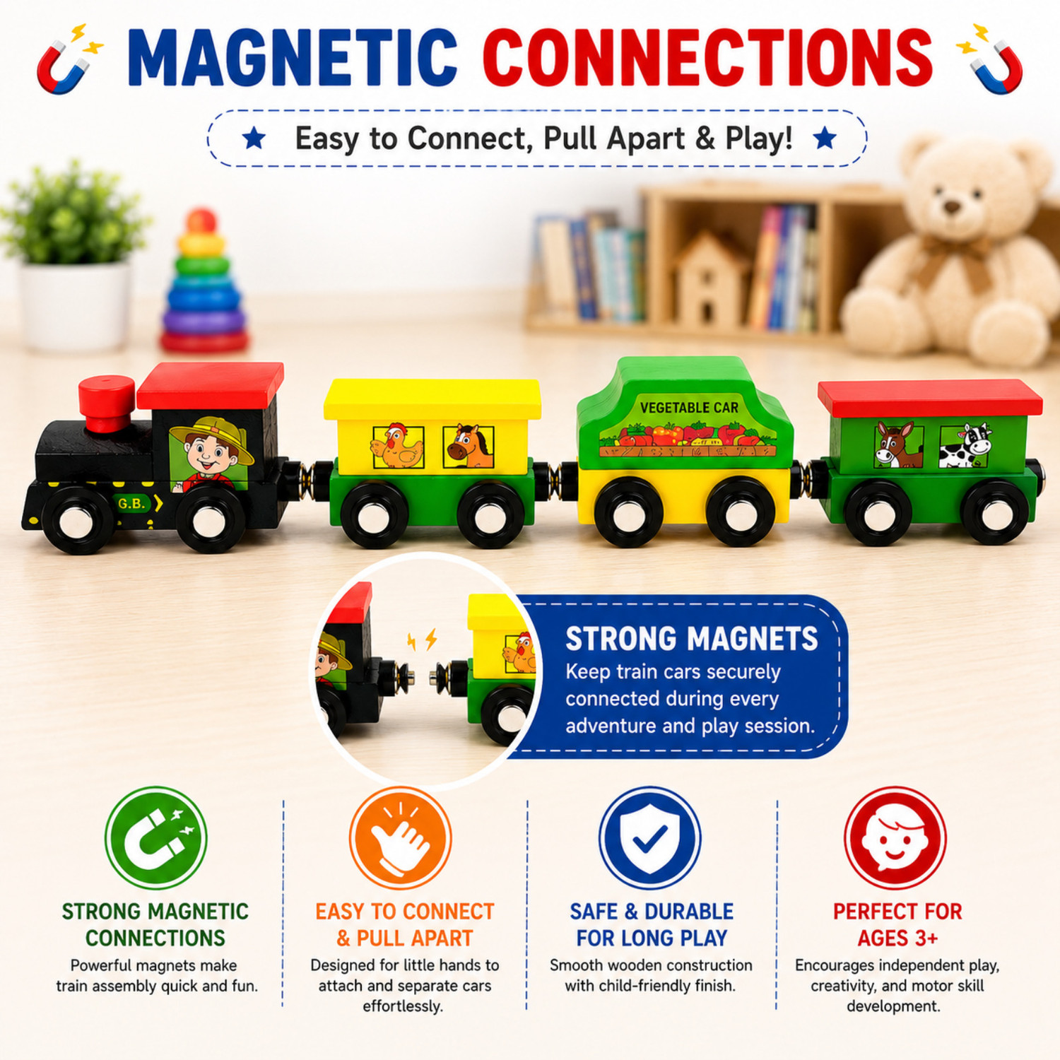 Image of MARA BOMMAI Wooden Magnetic Train Set for Kids, Wooden Toy Train with Coaches (1 Random Set)