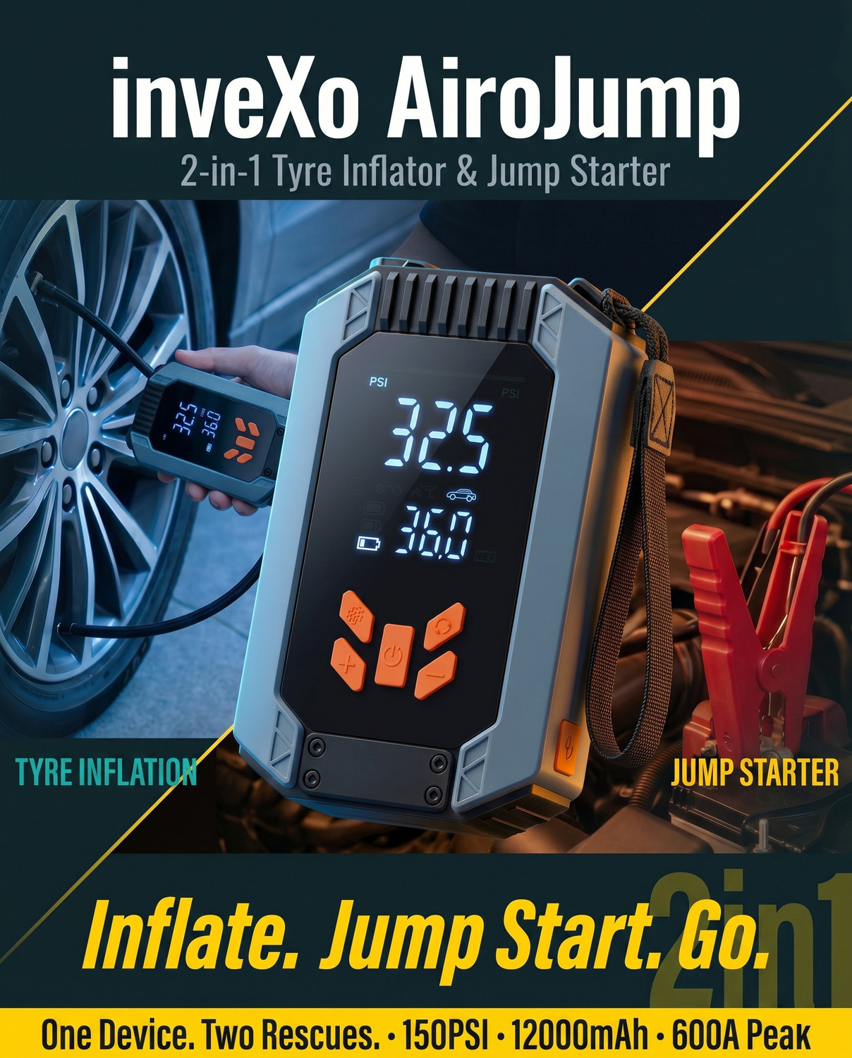 Image of inveXo 2-IN-1 Car Jump Starter & 150PSI Tyre Inflator, 12000mAh, 600A, Flashlight Vehicle Starter Motor