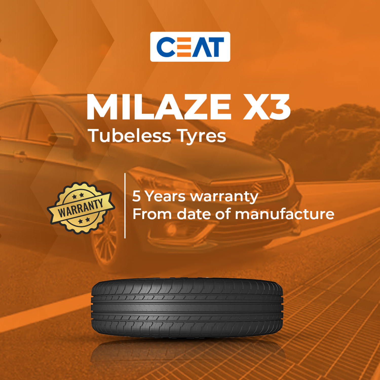 Image of CEAT 165 /70R14 MILAZE X3 TL 81T 4 Wheeler Tyre