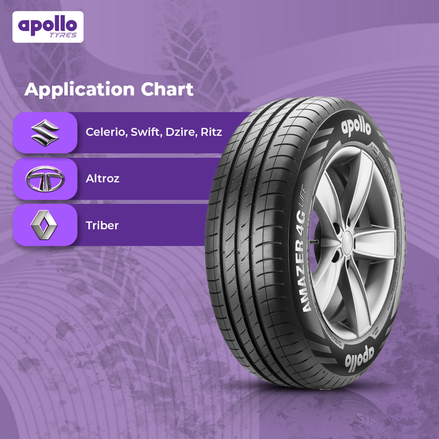Image of Apollo Amazer 4G Life 165 /80 R14 85T Tubeless Car Tyre 4 Wheeler Tyre