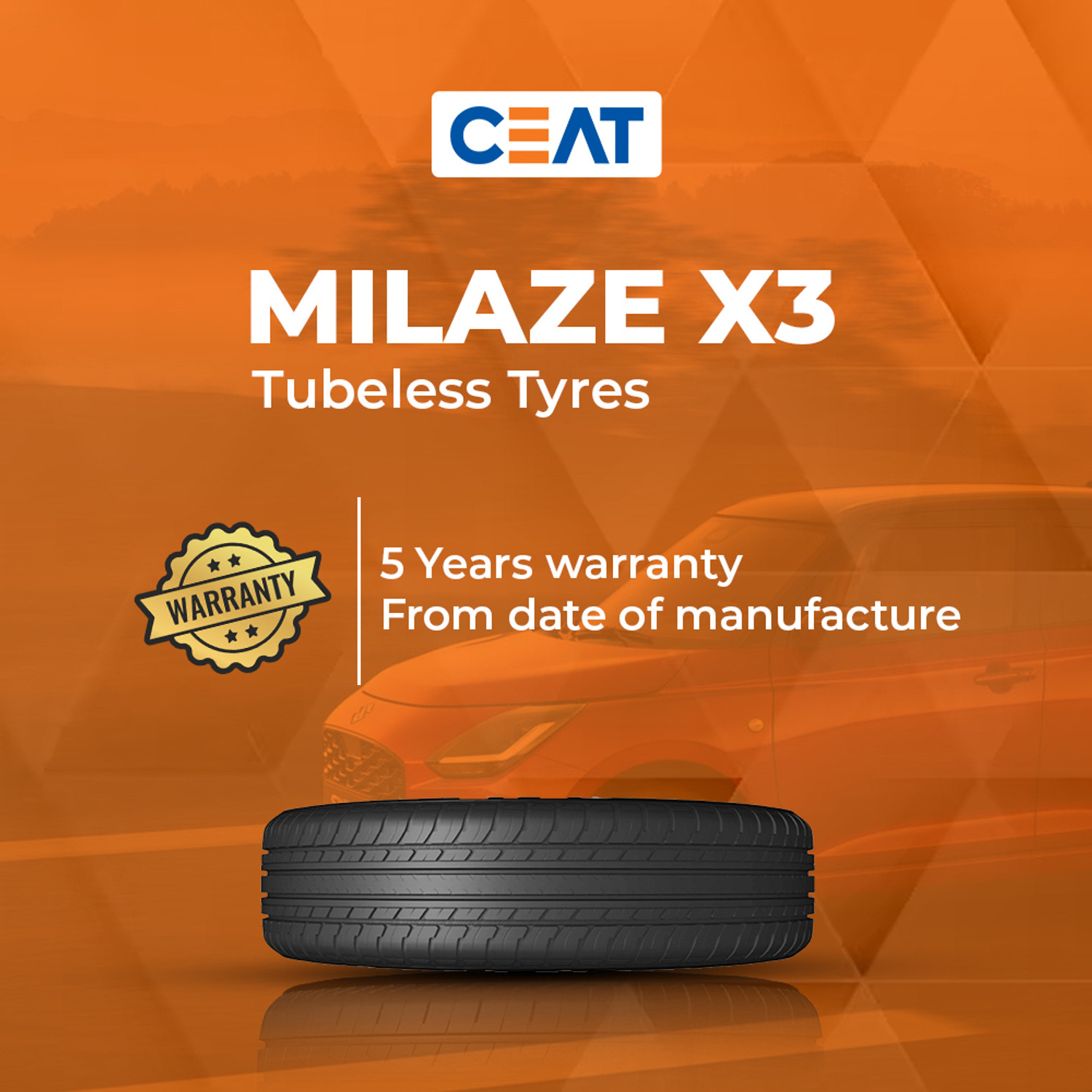 Image of CEAT 155 /65R13 MILAZE X3 TL 79T 4 Wheeler Tyre