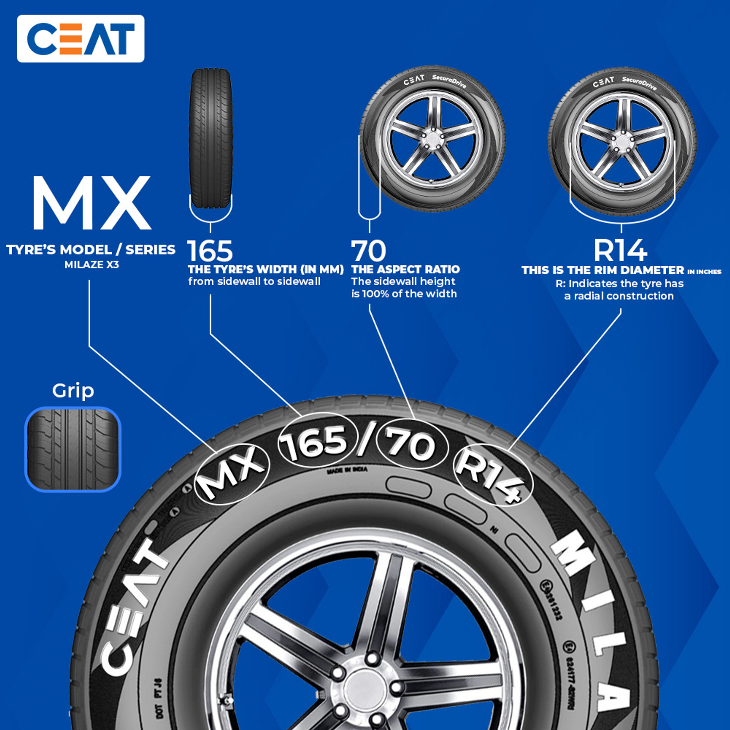 Image of CEAT 165 /70R14 MILAZE X3 TL 81T 4 Wheeler Tyre