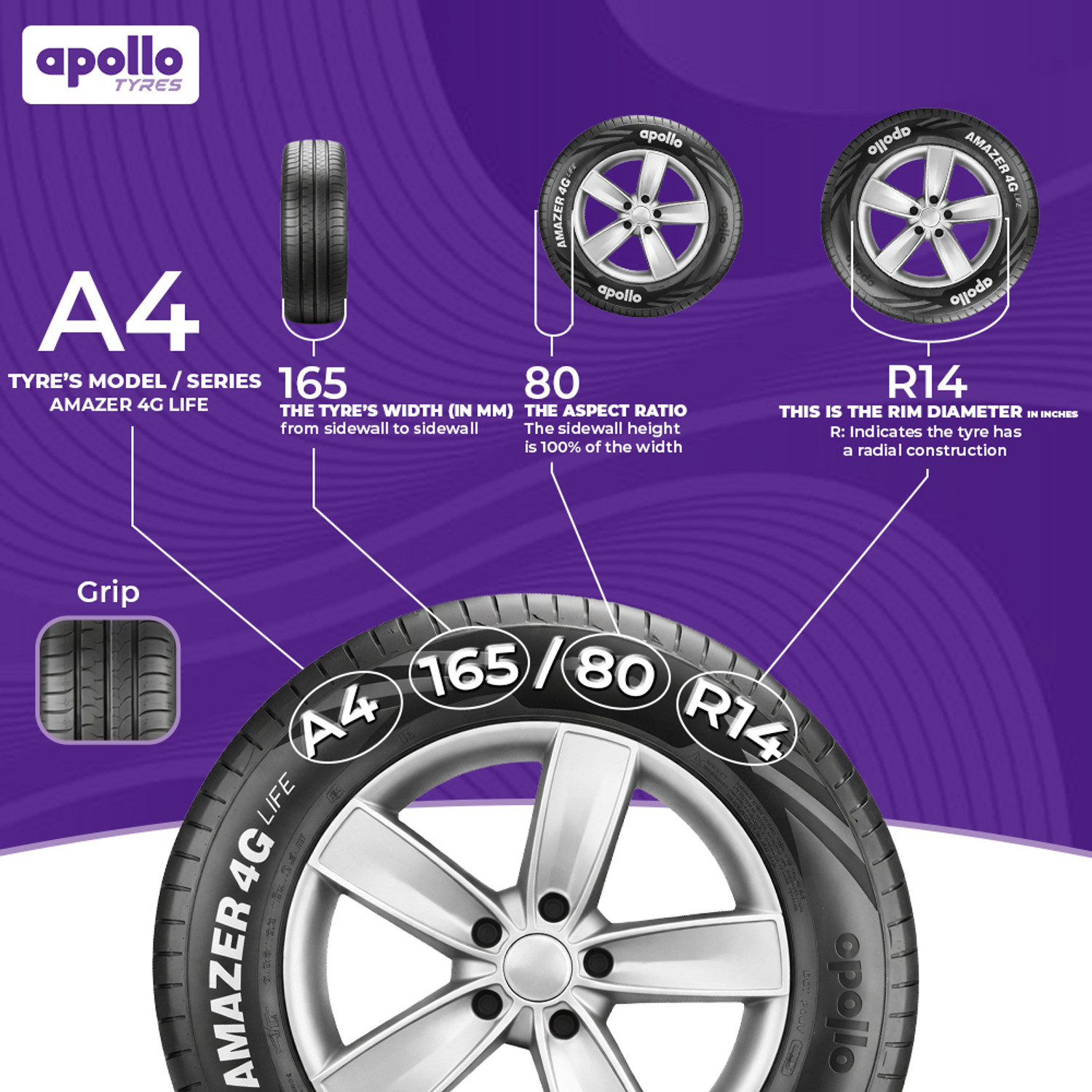 Image of Apollo Amazer 4G Life 165 /80 R14 85T Tubeless Car Tyre 4 Wheeler Tyre