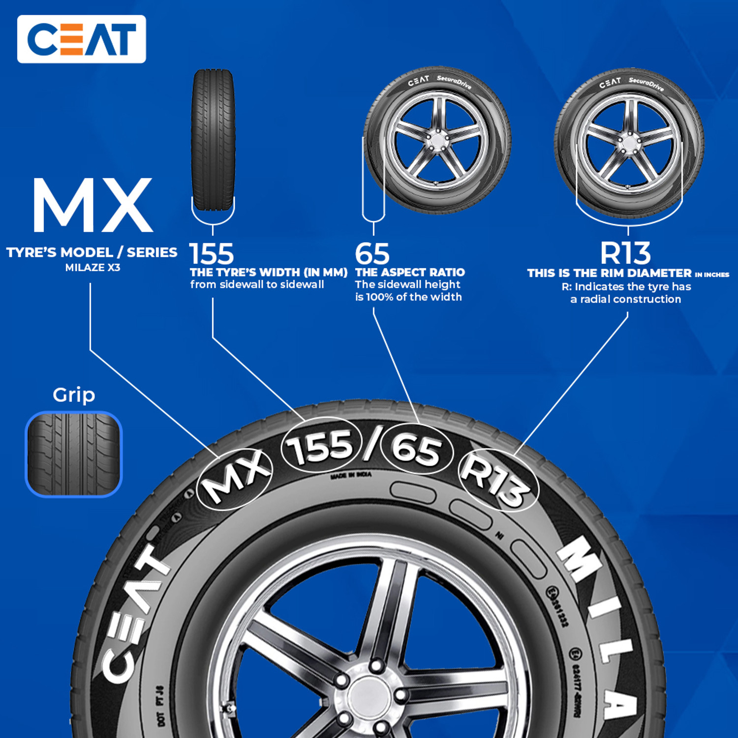 Image of CEAT 155 /65R13 MILAZE X3 TL 79T 4 Wheeler Tyre
