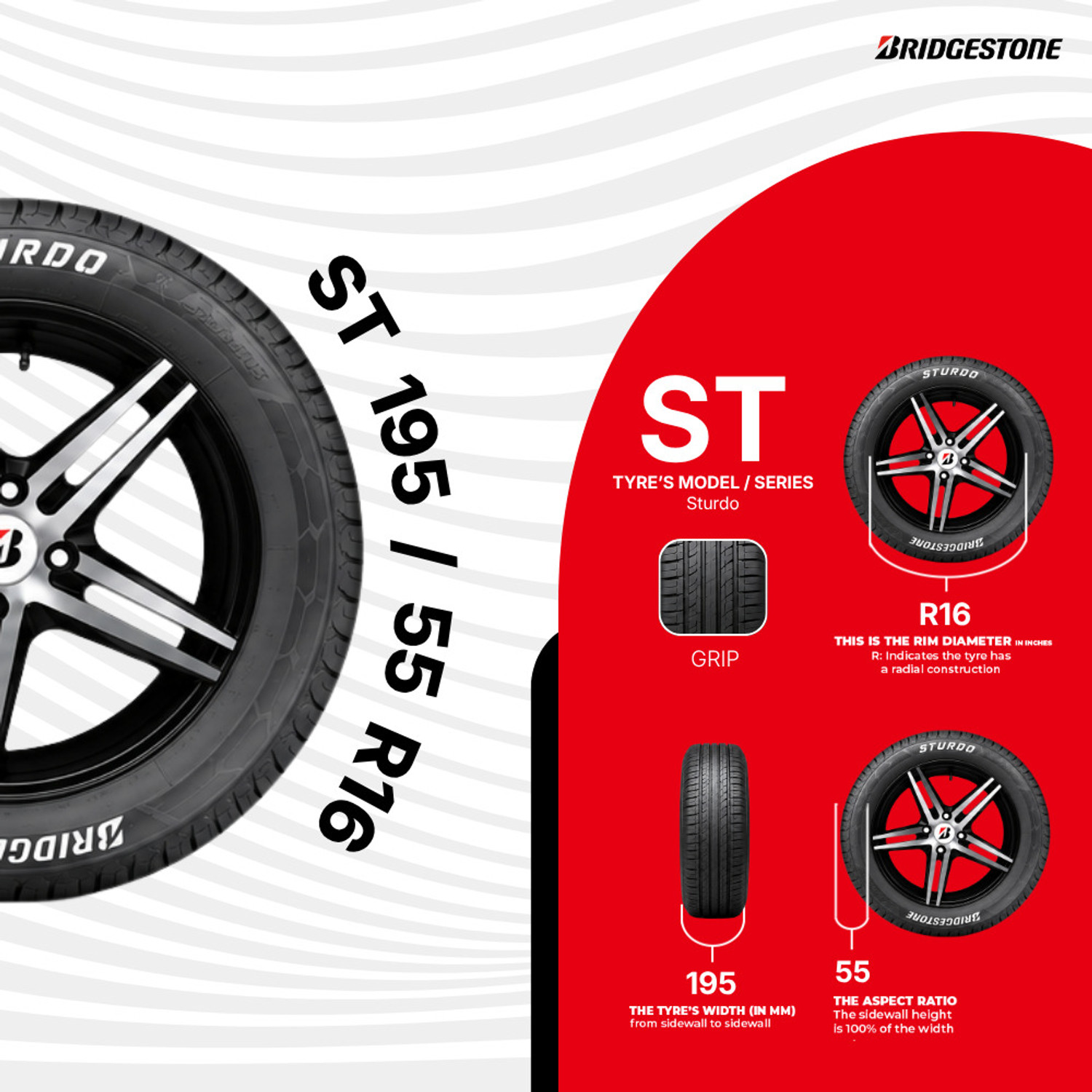 Image of BRIDGESTONE 195 /55 R16 Sturdo 4 Wheeler Tyre
