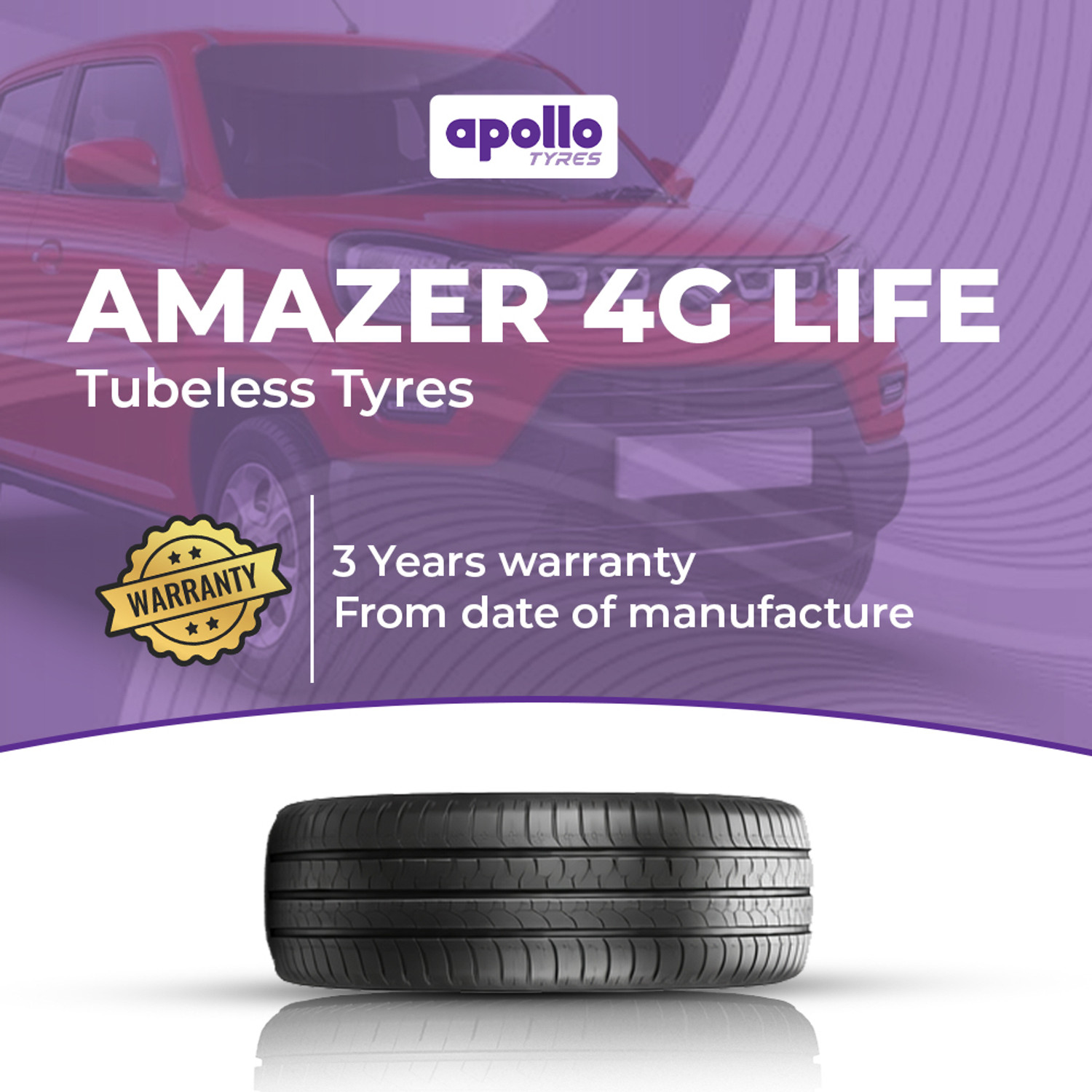 Image of Apollo Amazer 4G Life 165 /80 R14 85T Tubeless Car Tyre 4 Wheeler Tyre