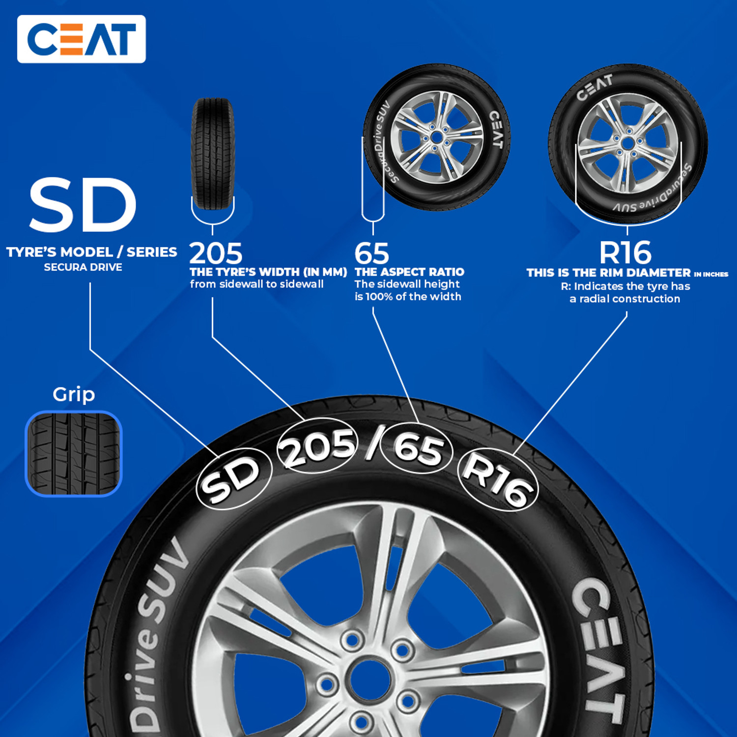Image of CEAT 205 /65 R16 SecuraDrive SUV TL 95H 4 Wheeler Tyre