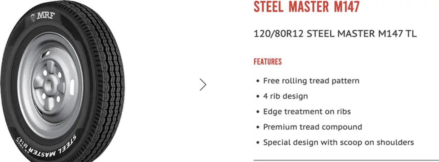 Image of MRF 130 /80R12 Steel Master M147 TL 3 Wheeler Tyre