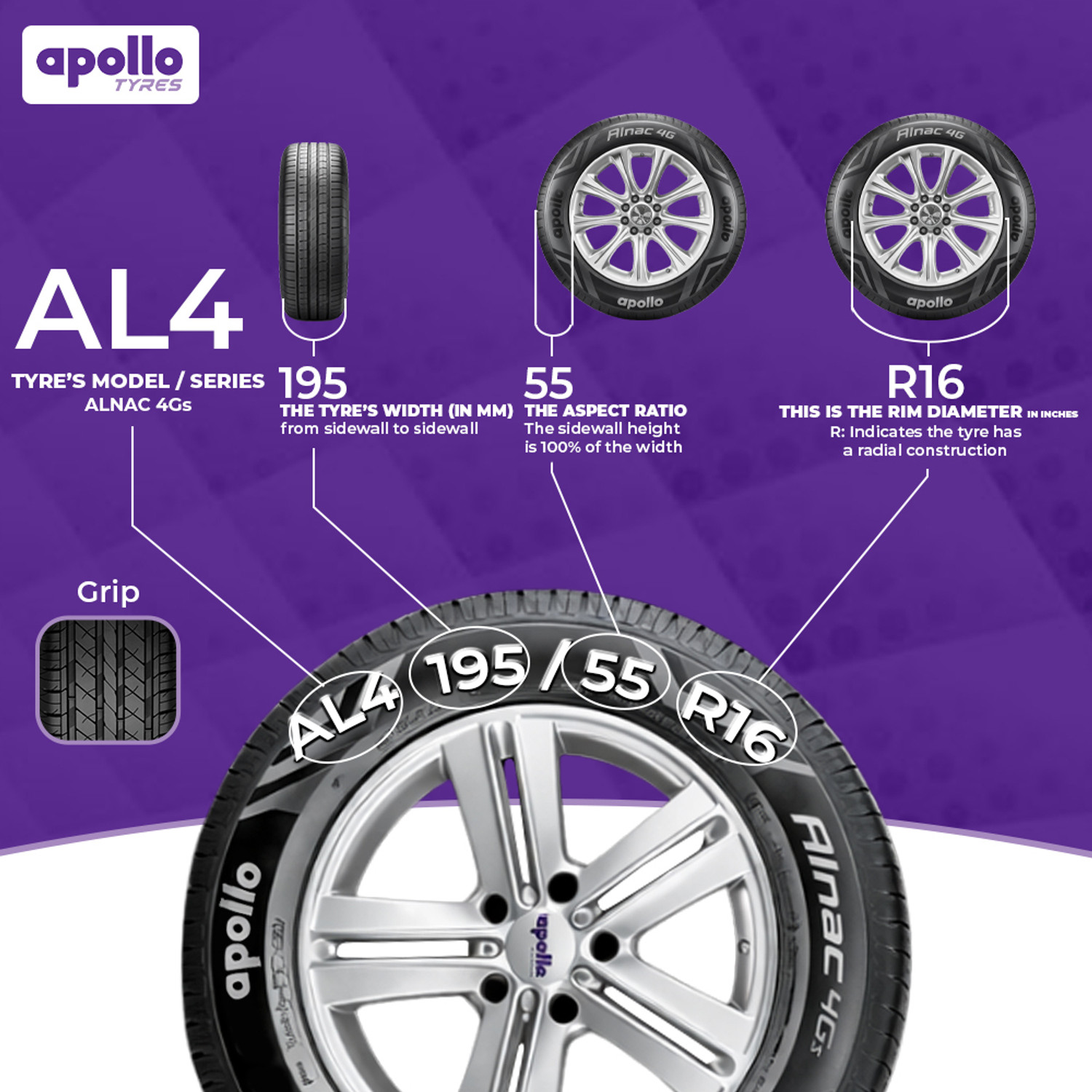 Image of Apollo 195 /55 R16 87 H ALNAC 4G TL 4 Wheeler Tyre