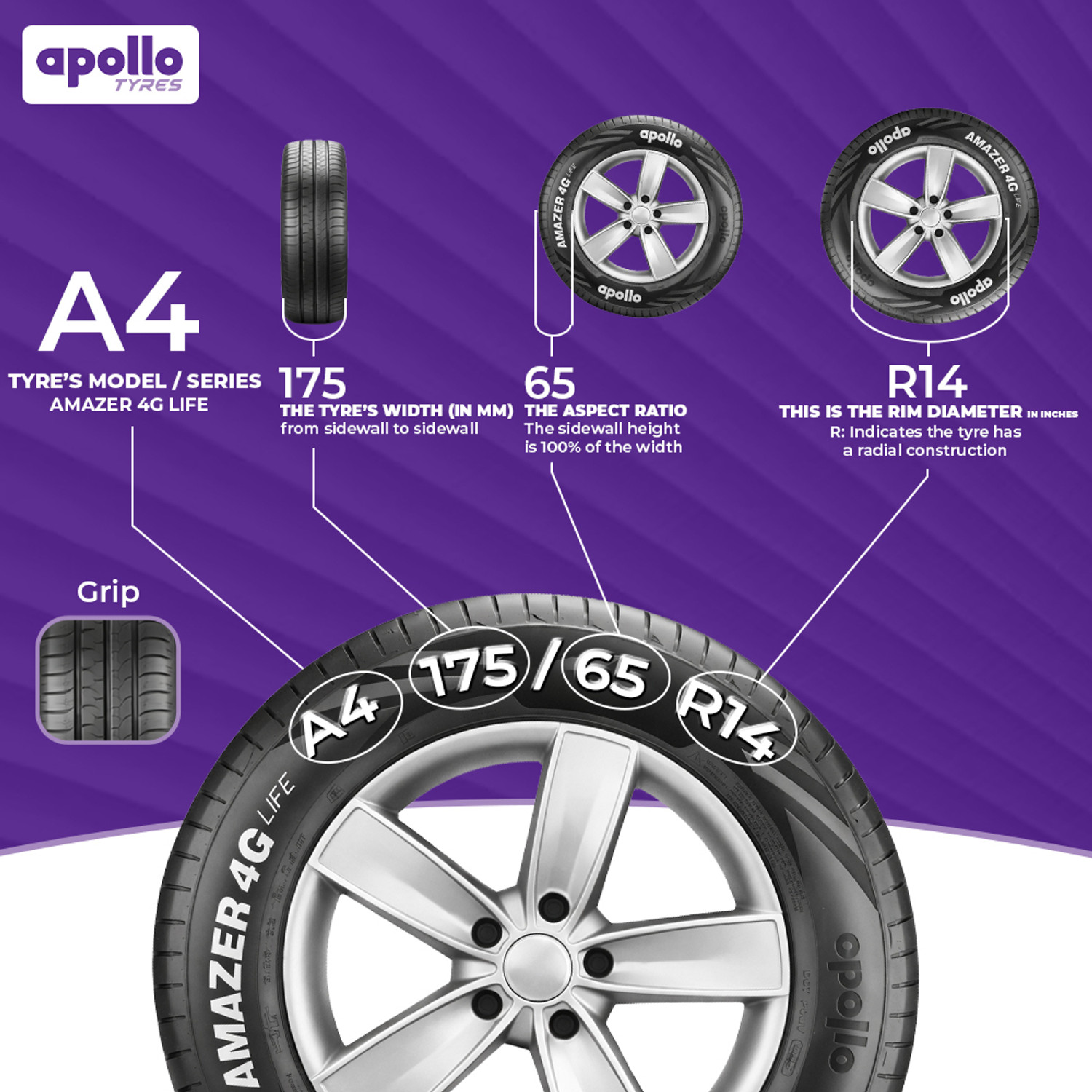 Image of Apollo 175 /65 R14 82T AMAZER 4G LIFE 4 Wheeler Tyre