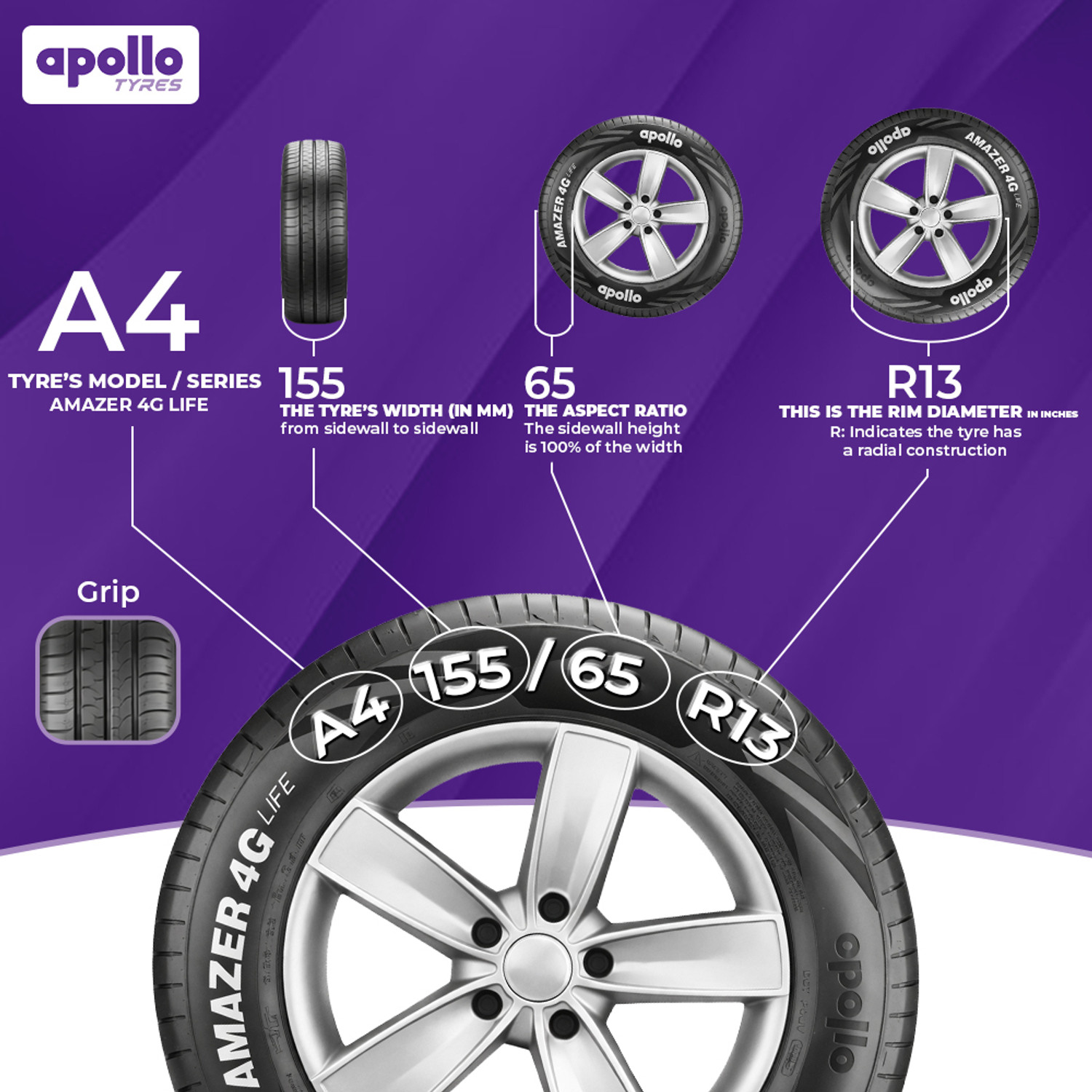 Image of Apollo 73 T Amazer 4G Life 4 Wheeler Tyre